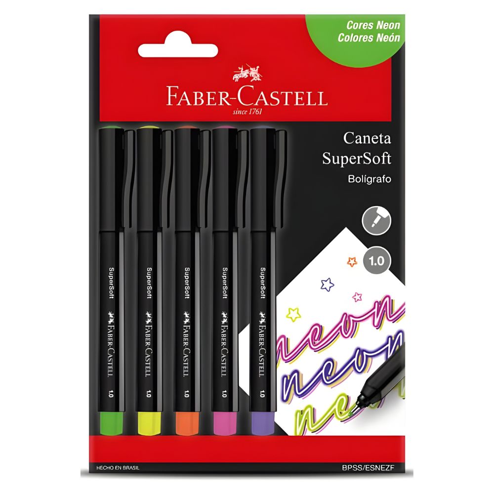 Estojo Caneta Esferográfica Supersoft Neon 1,0mm 5 Cores - Faber-castell Bpss/esnezf