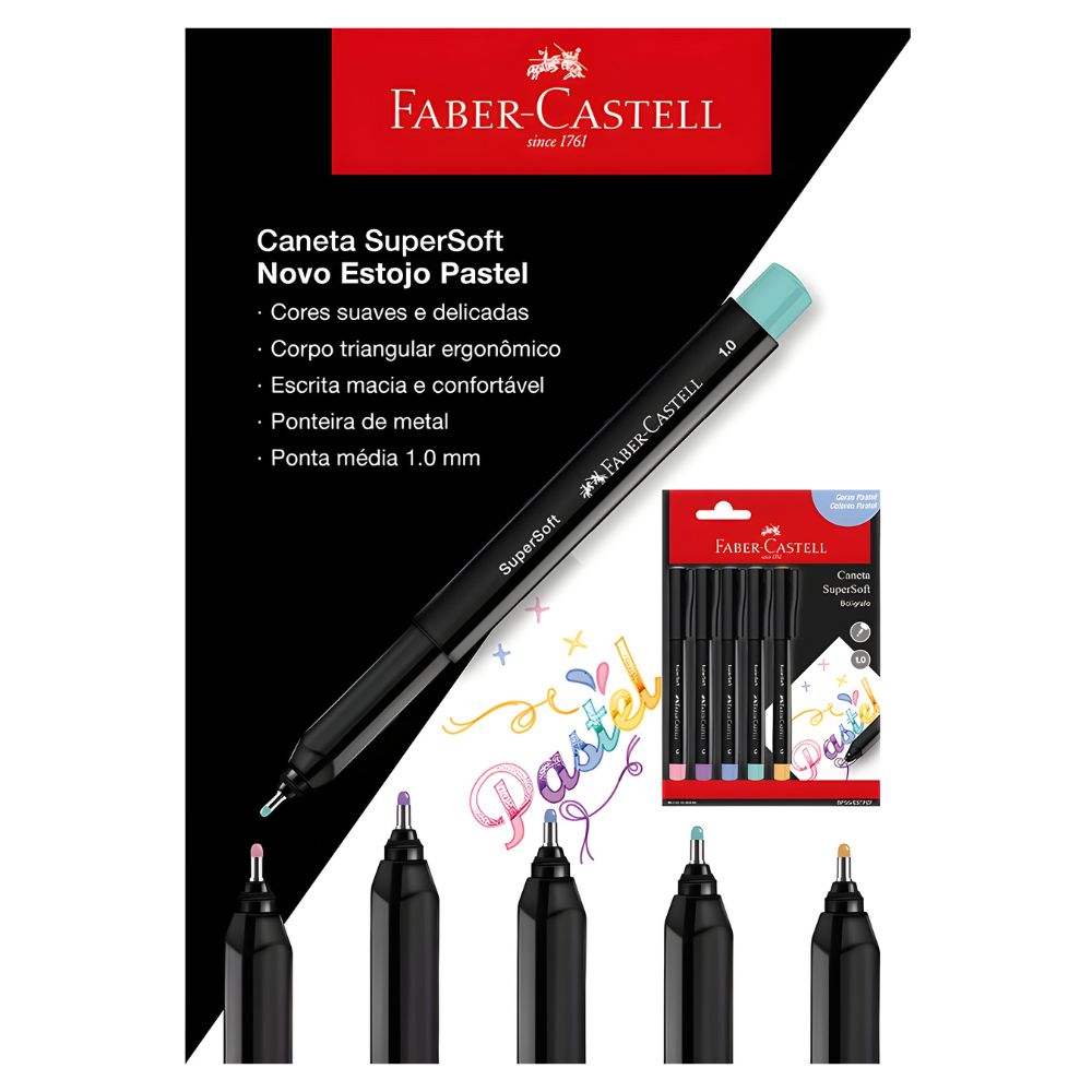 Estojo Caneta Esferográfica Supersoft Pastel 1,0mm 5 Cores - Faber-castell Bpss/estpzf