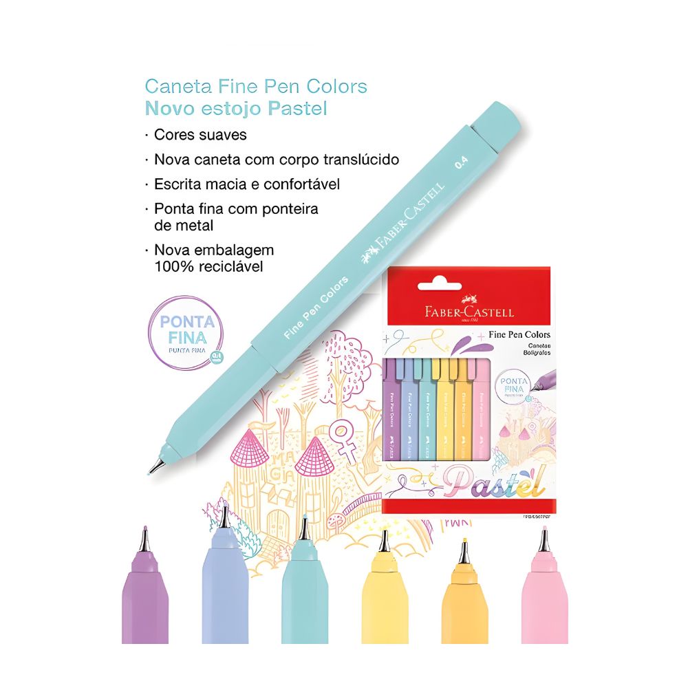 Estojo Caneta Fine Pen Colors Pastel 0,4mm com 6 Cores - Faber-castell Fpb/es6tpzf