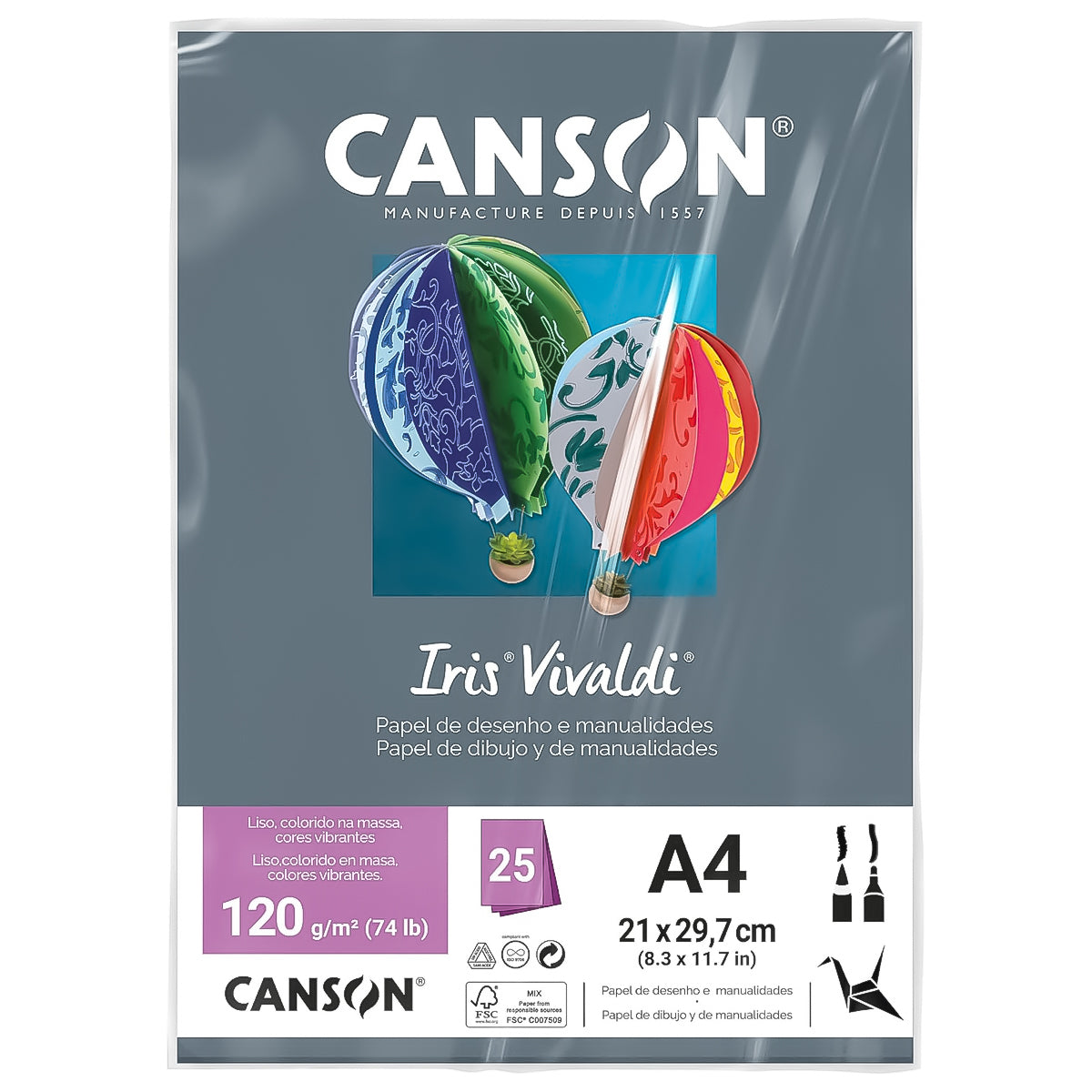 Papel Colorido Canson Iris Vivaldi A4 120 G/M² 25 Folhas Sulfite