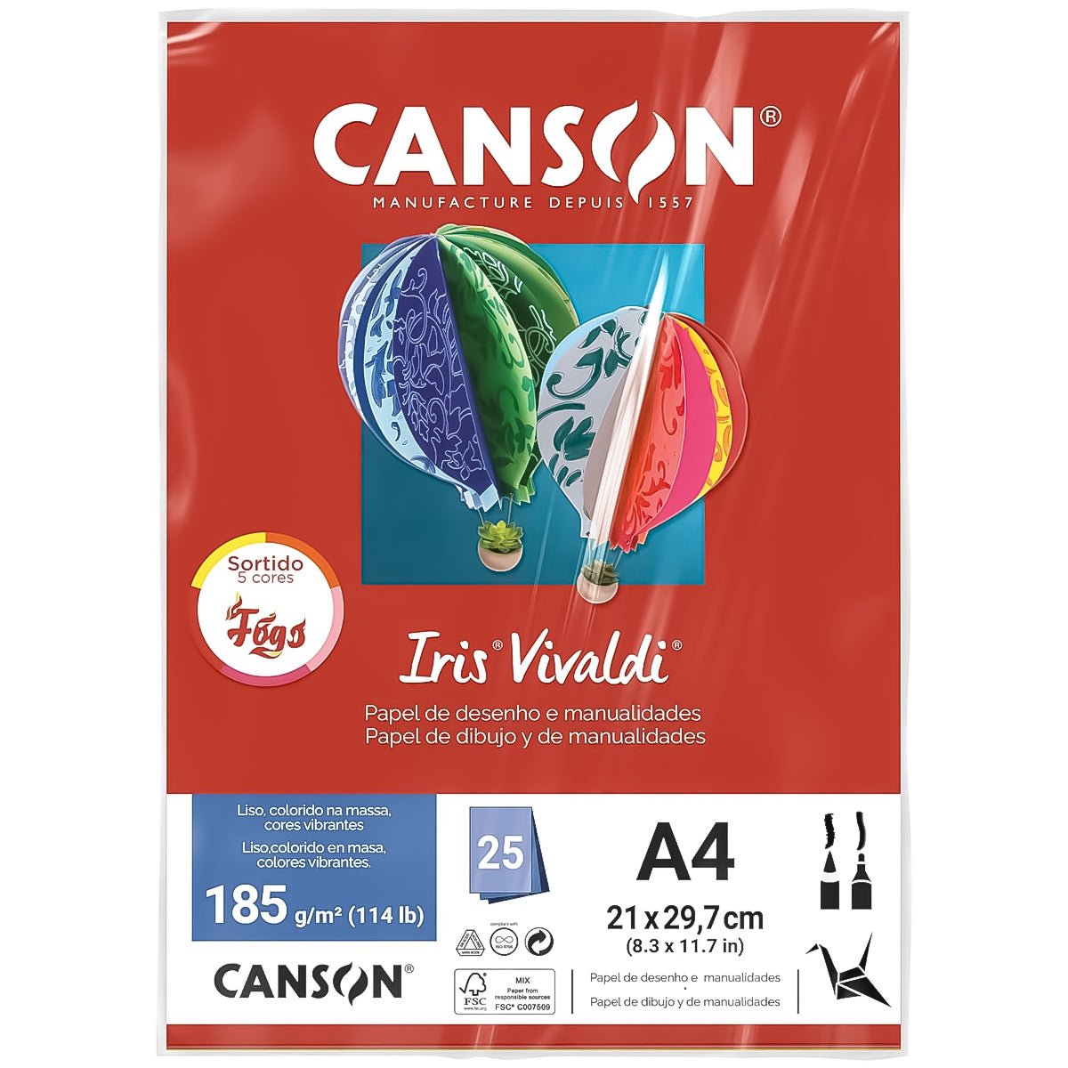 Papel Colorido Canson Iris Vivaldi A4 185 G/m² 25 Folhas - Fogo Sortidos