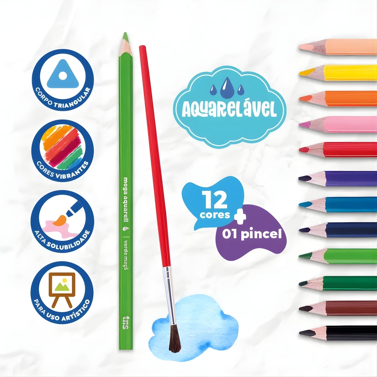 Estojo Lápis de Cor Mega Aquarelável com 12 Cores + Pincel - Tris