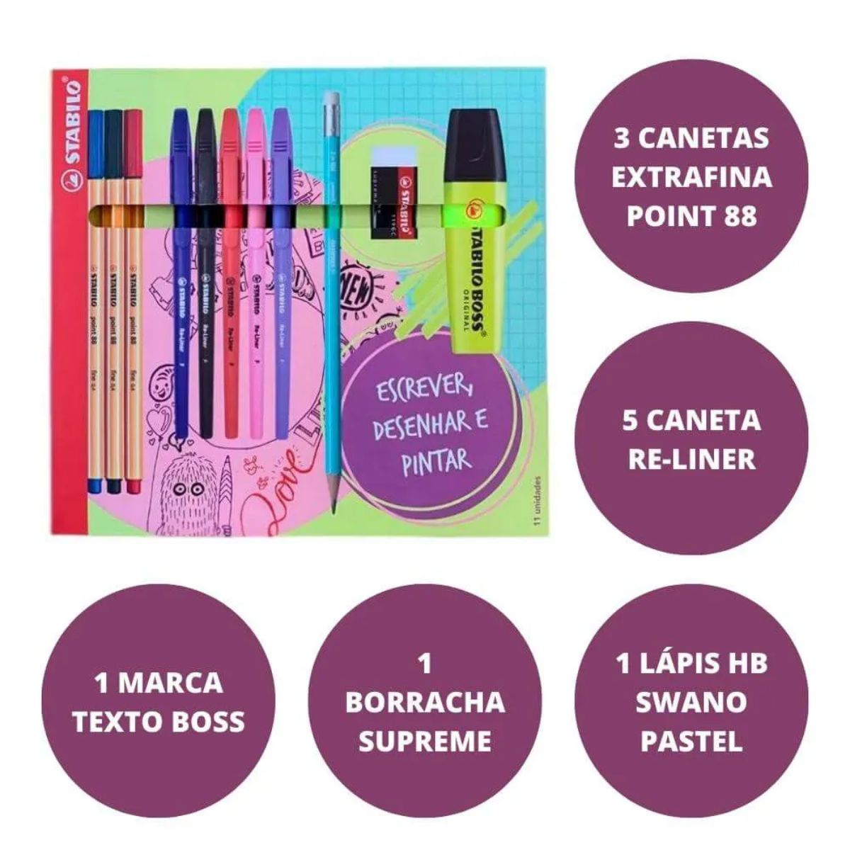 Estojo de Escrever Desenhar e Pintar Stabilo com 11 Peças