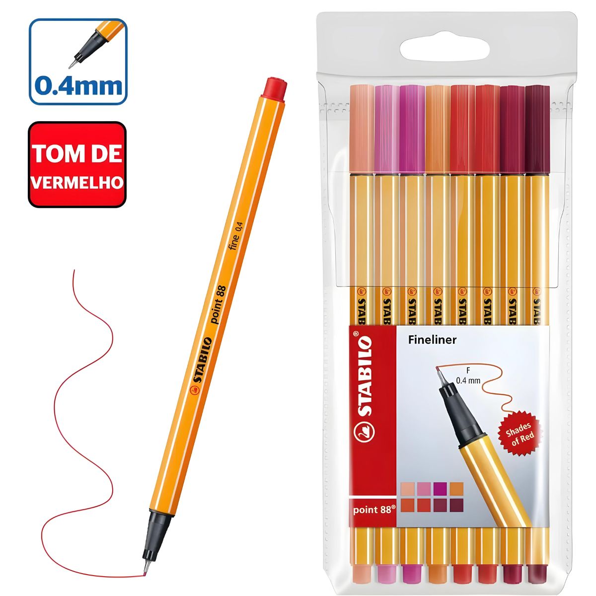Estojo de Caneta Multiuso Point 88 Extrafina Stabilo 0.4Mm com 08 Cores Tons de Vermelho