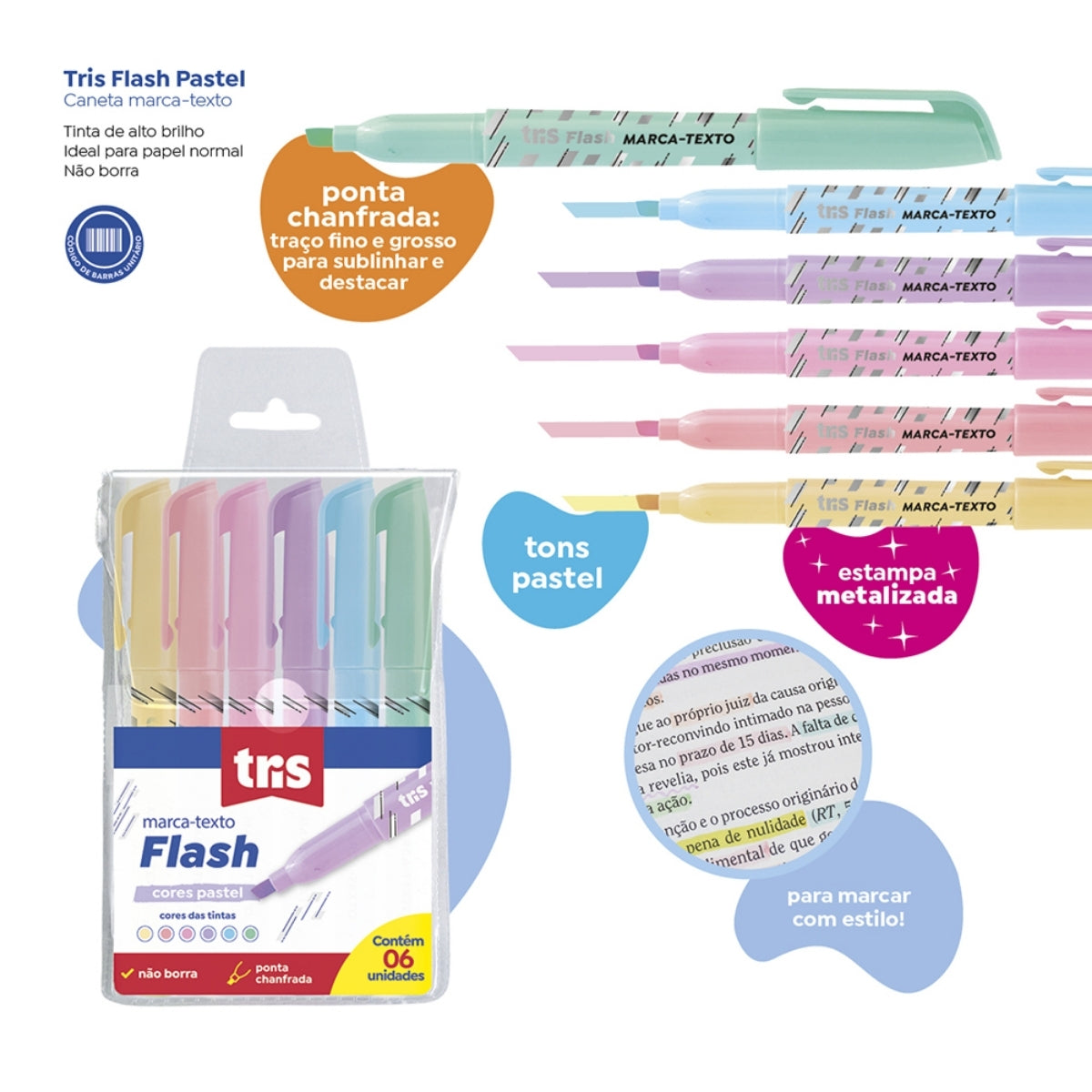 Estojo Marca Texto Flash Pastel com 6 Cores - Tris