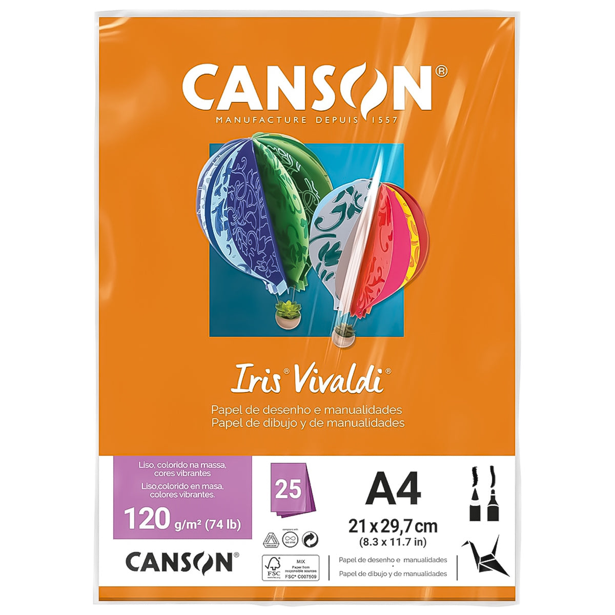 Papel Colorido Canson Iris Vivaldi A4 120 G/M² 25 Folhas Sulfite