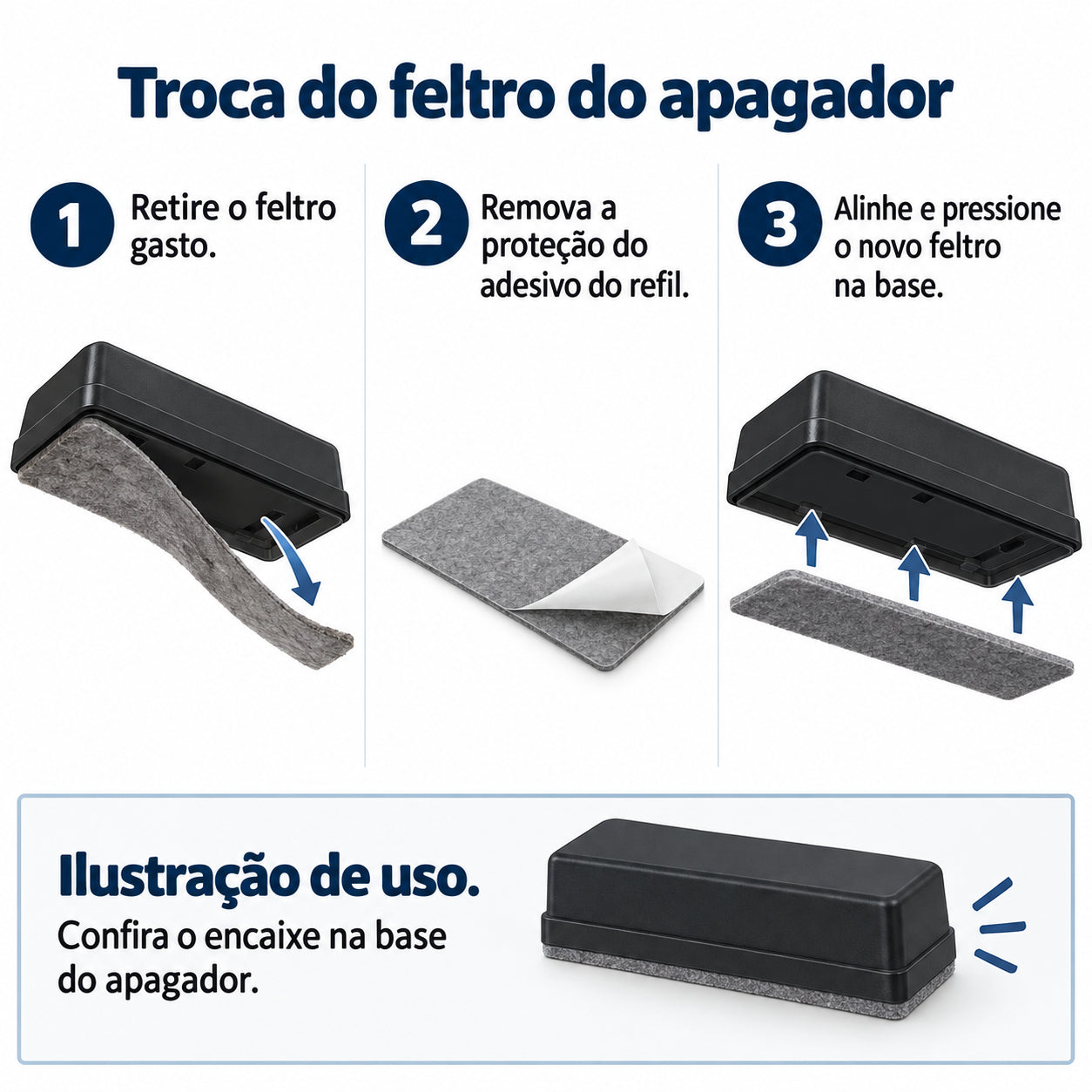 Refil de Feltro para Apagador 150-n Flip Top com 3 Unidades para Limpeza de Quadros Brancos - Pilot