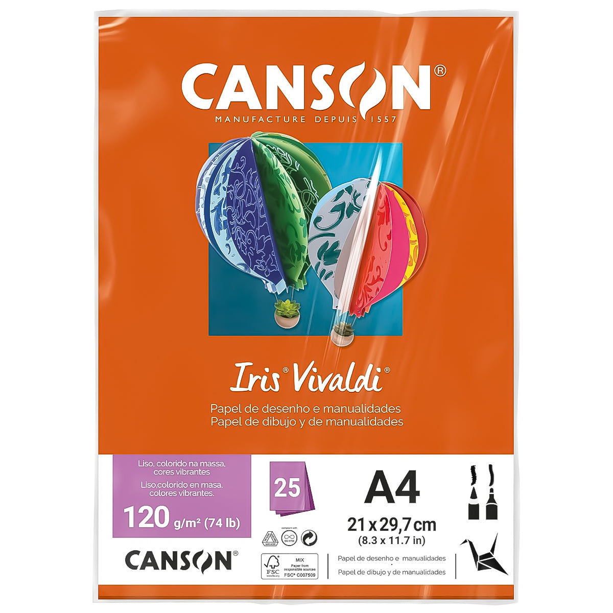 Papel Colorido Canson Iris Vivaldi A4 120 G/M² 25 Folhas Sulfite