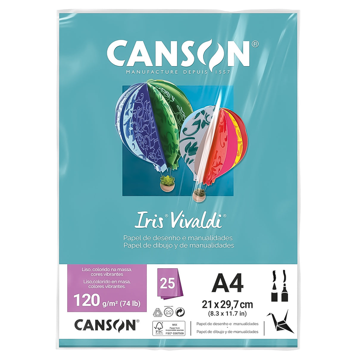 Papel Colorido Canson Iris Vivaldi A4 120 G/M² 25 Folhas Sulfite
