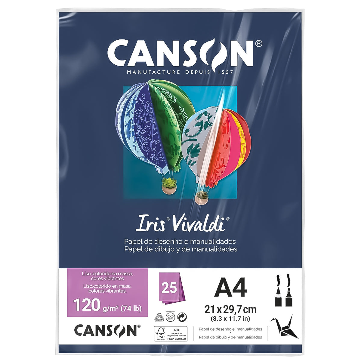 Papel Colorido Canson Iris Vivaldi A4 120 G/M² 25 Folhas Sulfite