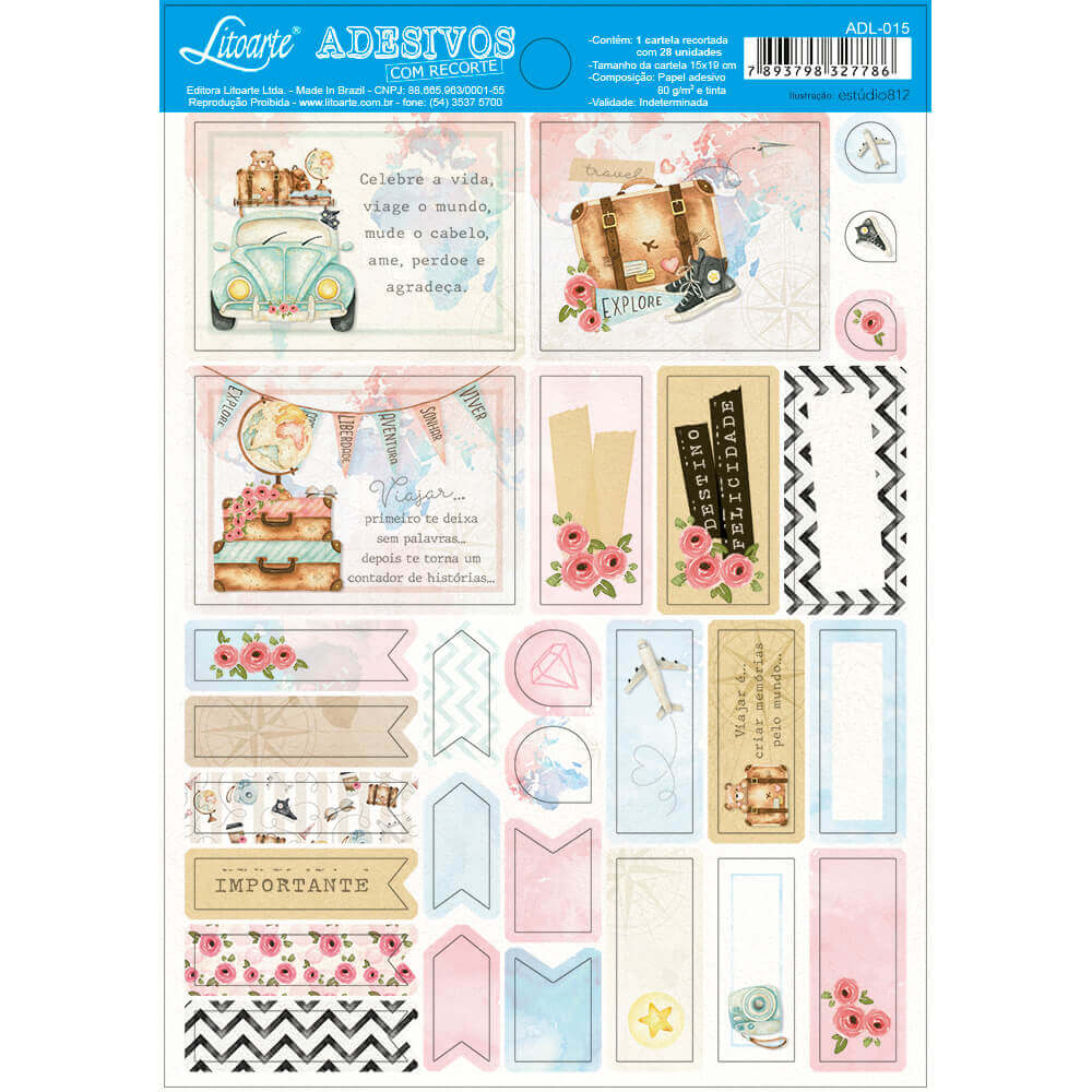 Adesivo com Recorte Coleção Kit Viagem 15x19cm para Artesanato e Scrapbook Adl-015 - Litoarte