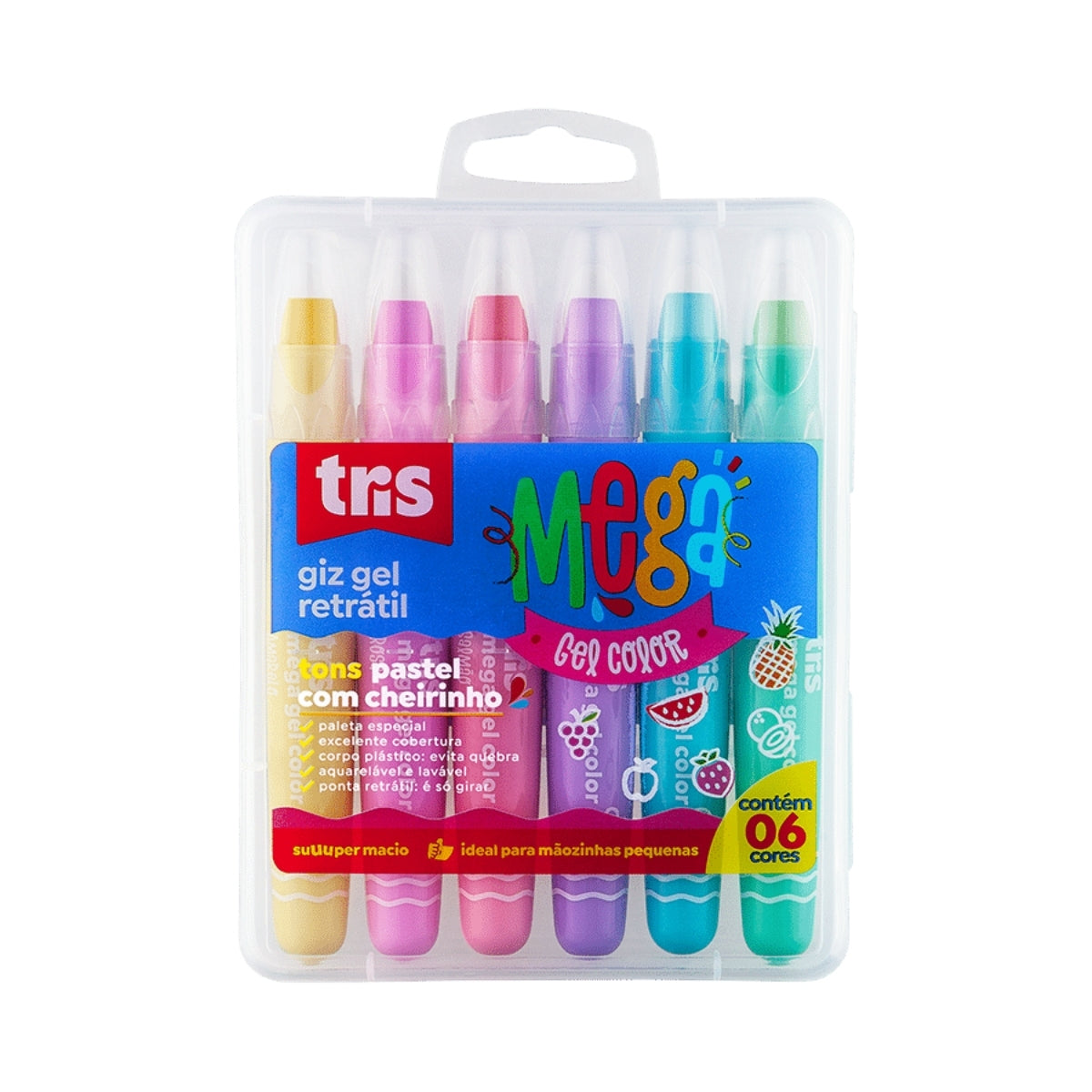 Estojo Giz Retrátil Mega Gel Pastel com 6 Cores - Tris