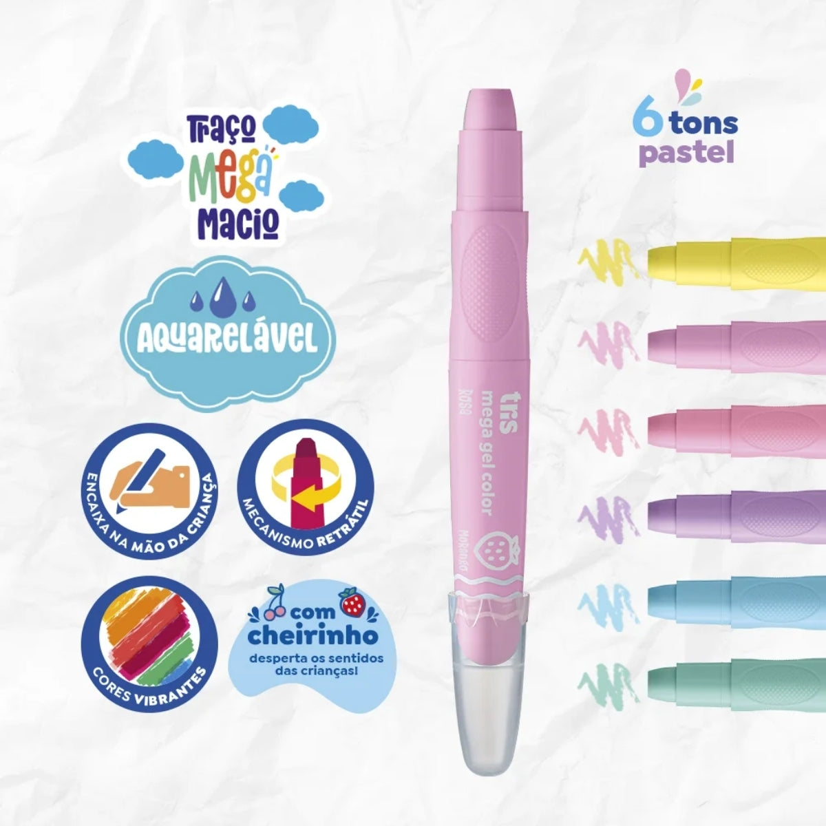Estojo Giz Retrátil Mega Gel Pastel com 6 Cores - Tris