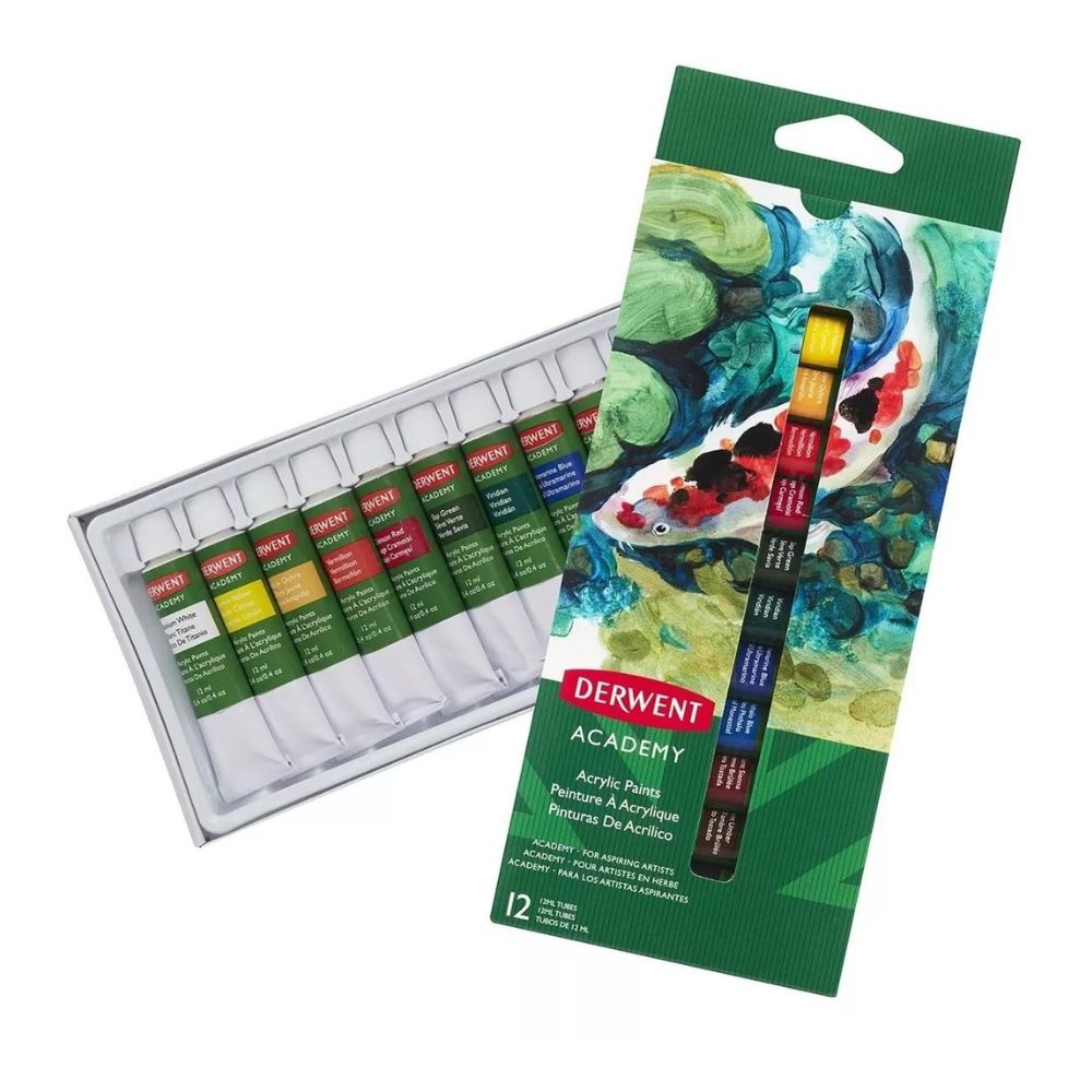 Estojo Tinta Acrílica 12ml Academy com 12 Cores - Derwent  