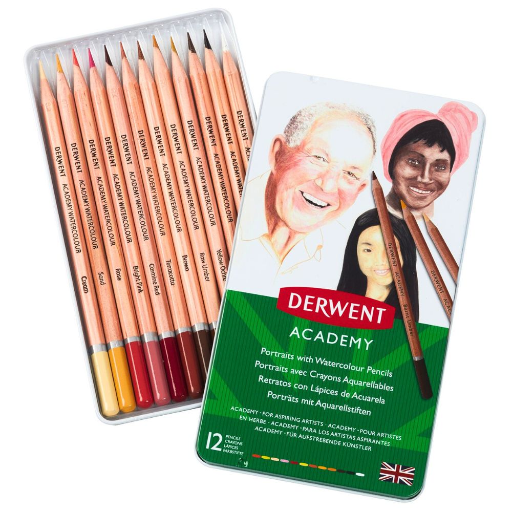 Estojo Lápis de Cor Aquarelável Academy Portrait com 12 Cores - Derwent  