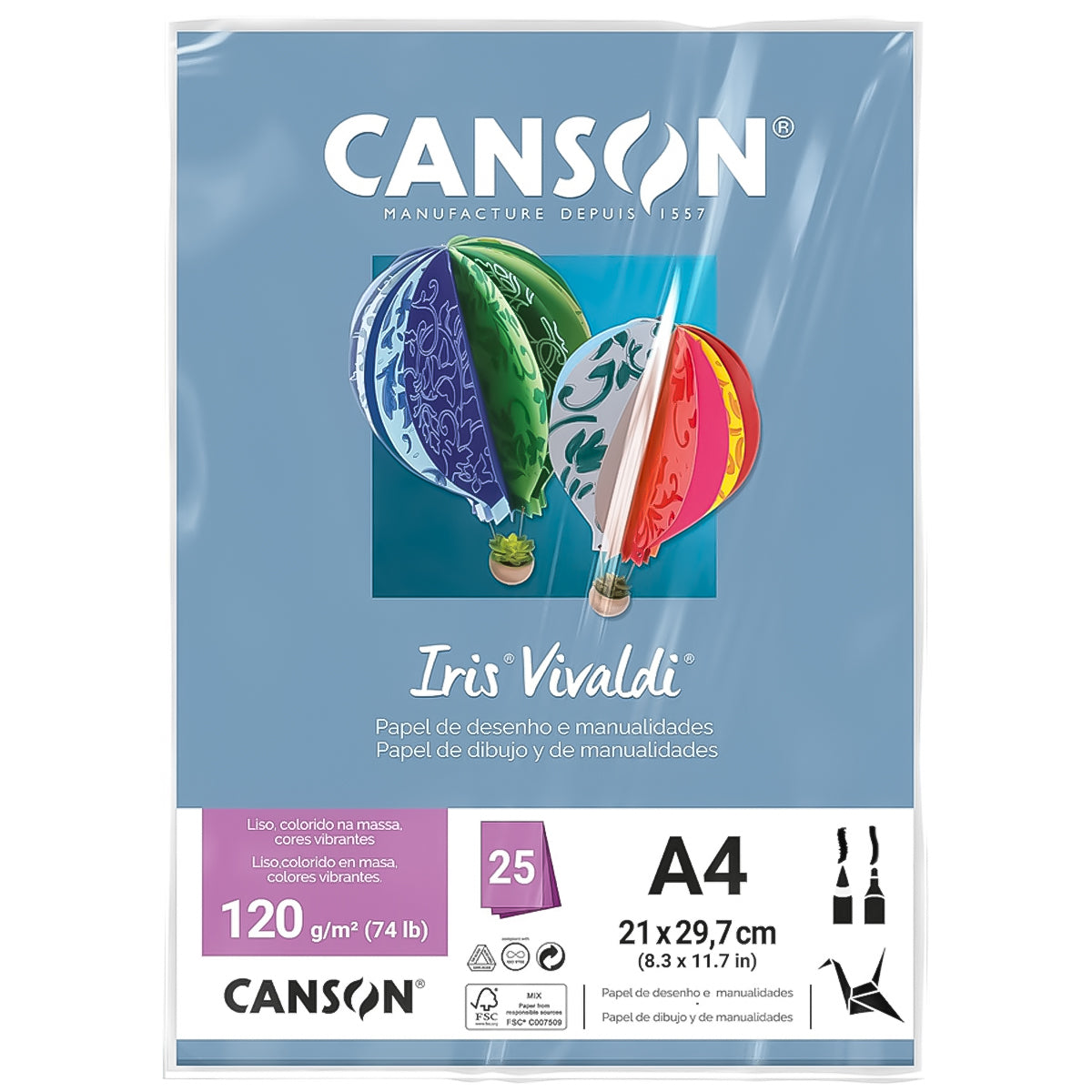 Papel Colorido Canson Iris Vivaldi A4 120 G/M² 25 Folhas Sulfite