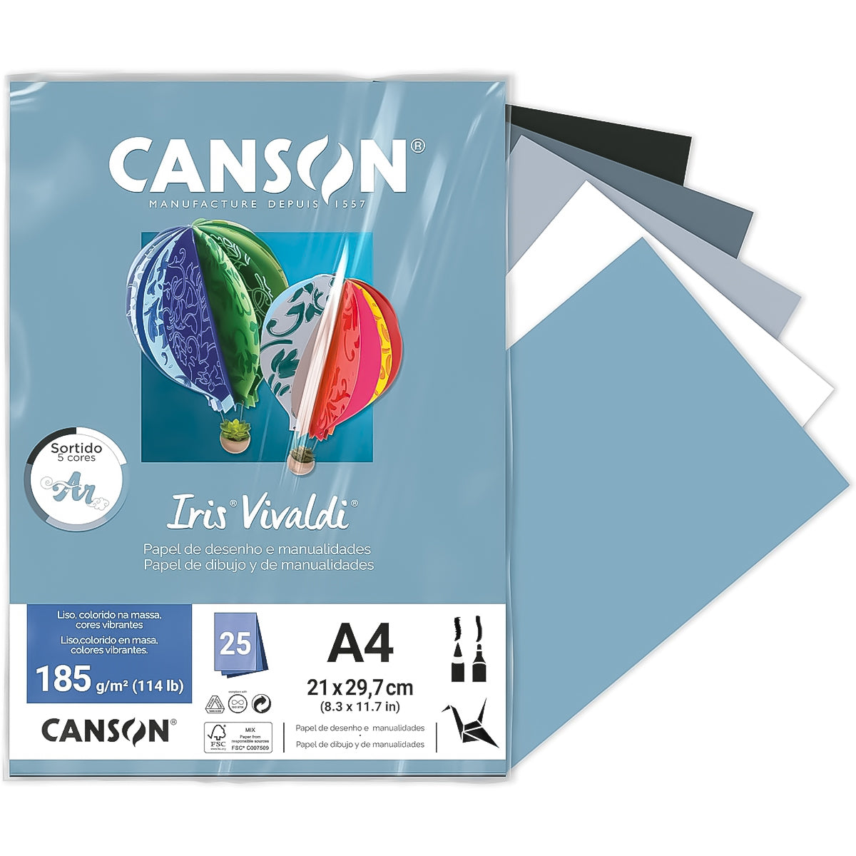 Papel Colorido Canson Iris Vivaldi A4 185 G/m² 25 Folhas - Ar Sortidos