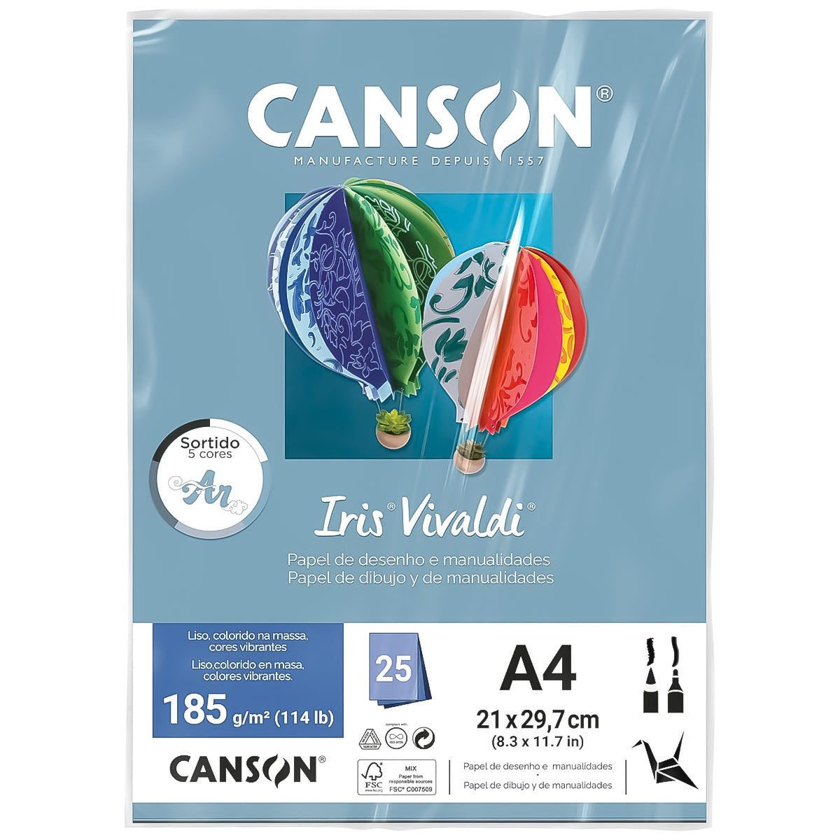 Papel Colorido Canson Iris Vivaldi A4 185 G/m² 25 Folhas - Ar Sortidos