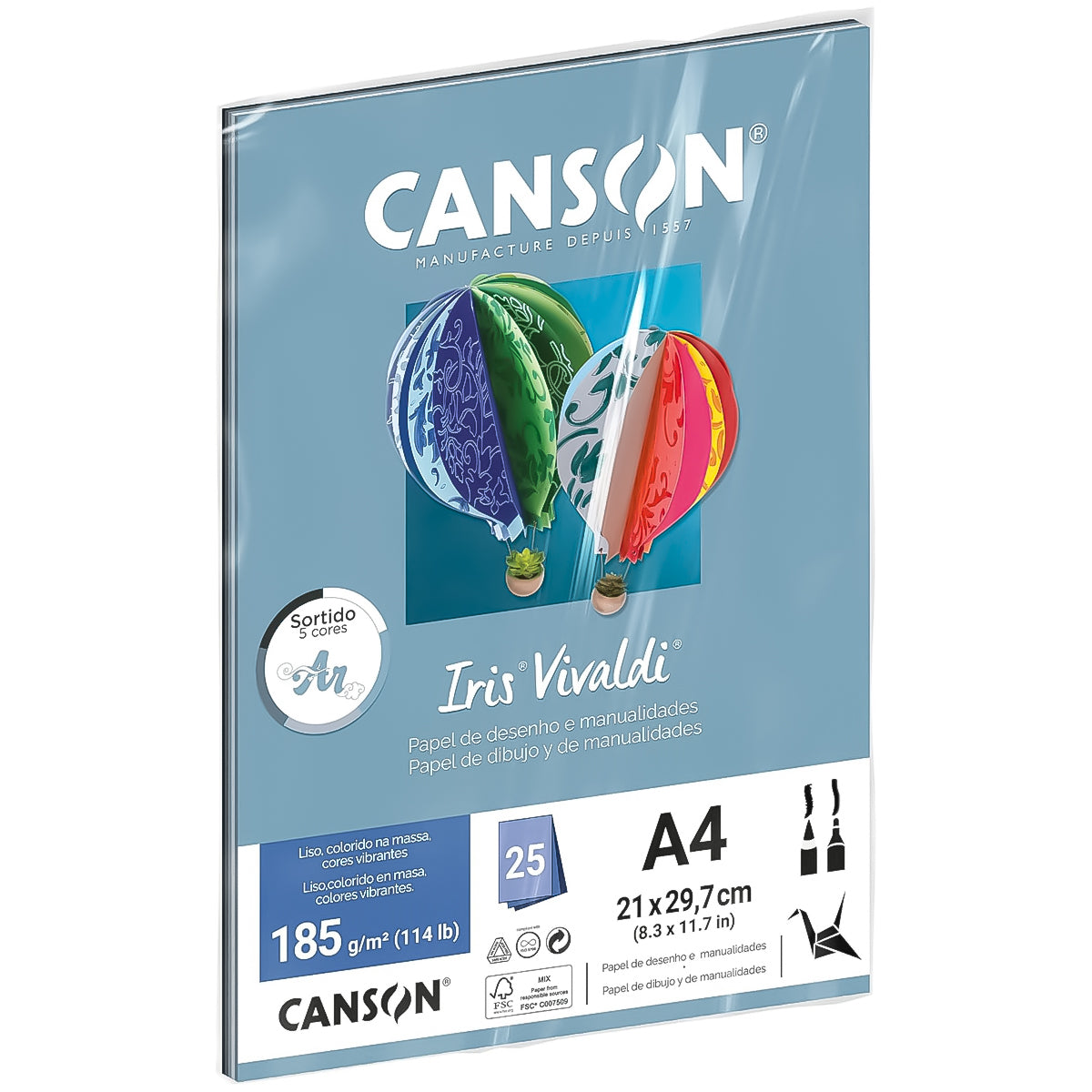 Papel Colorido Canson Iris Vivaldi A4 185 G/m² 25 Folhas - Ar Sortidos