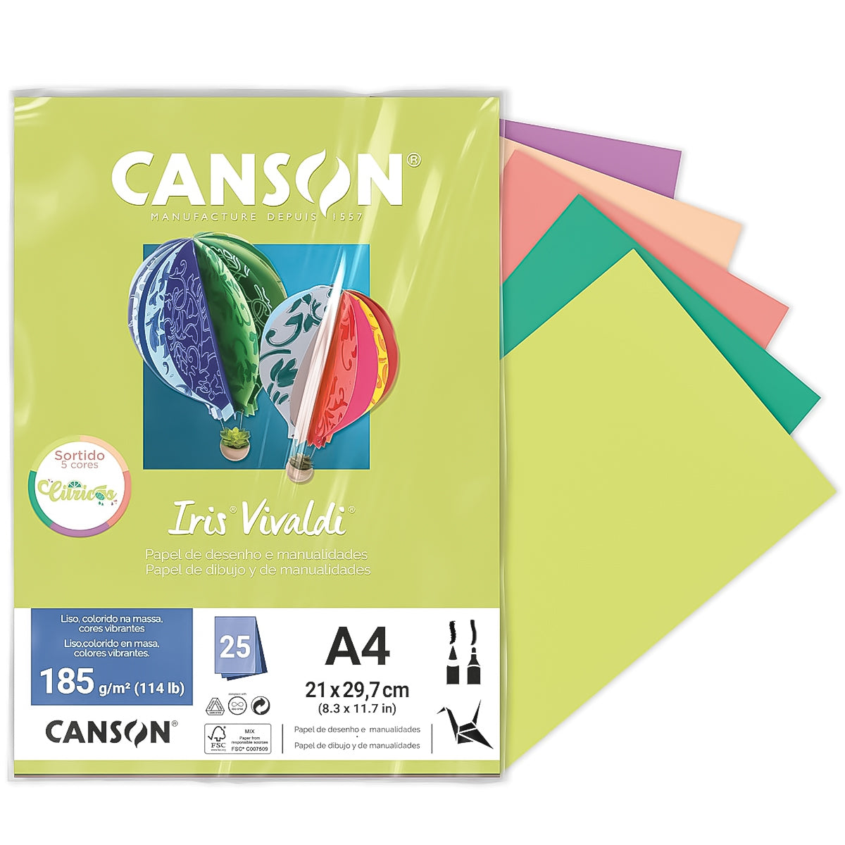 Papel Colorido Canson Iris Vivaldi A4 185 G/m² 25 Folhas - Cores Citricas