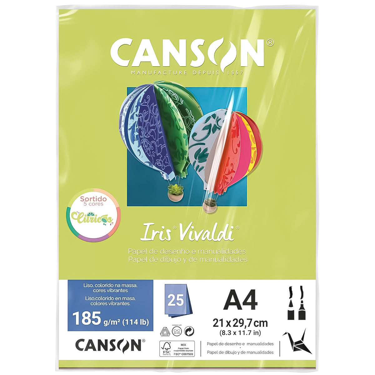 Papel Colorido Canson Iris Vivaldi A4 185 G/m² 25 Folhas - Cores Citricas