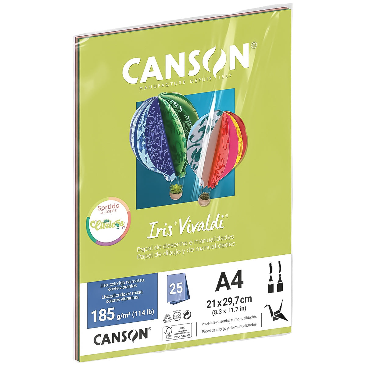 Papel Colorido Canson Iris Vivaldi A4 185 G/m² 25 Folhas - Cores Citricas