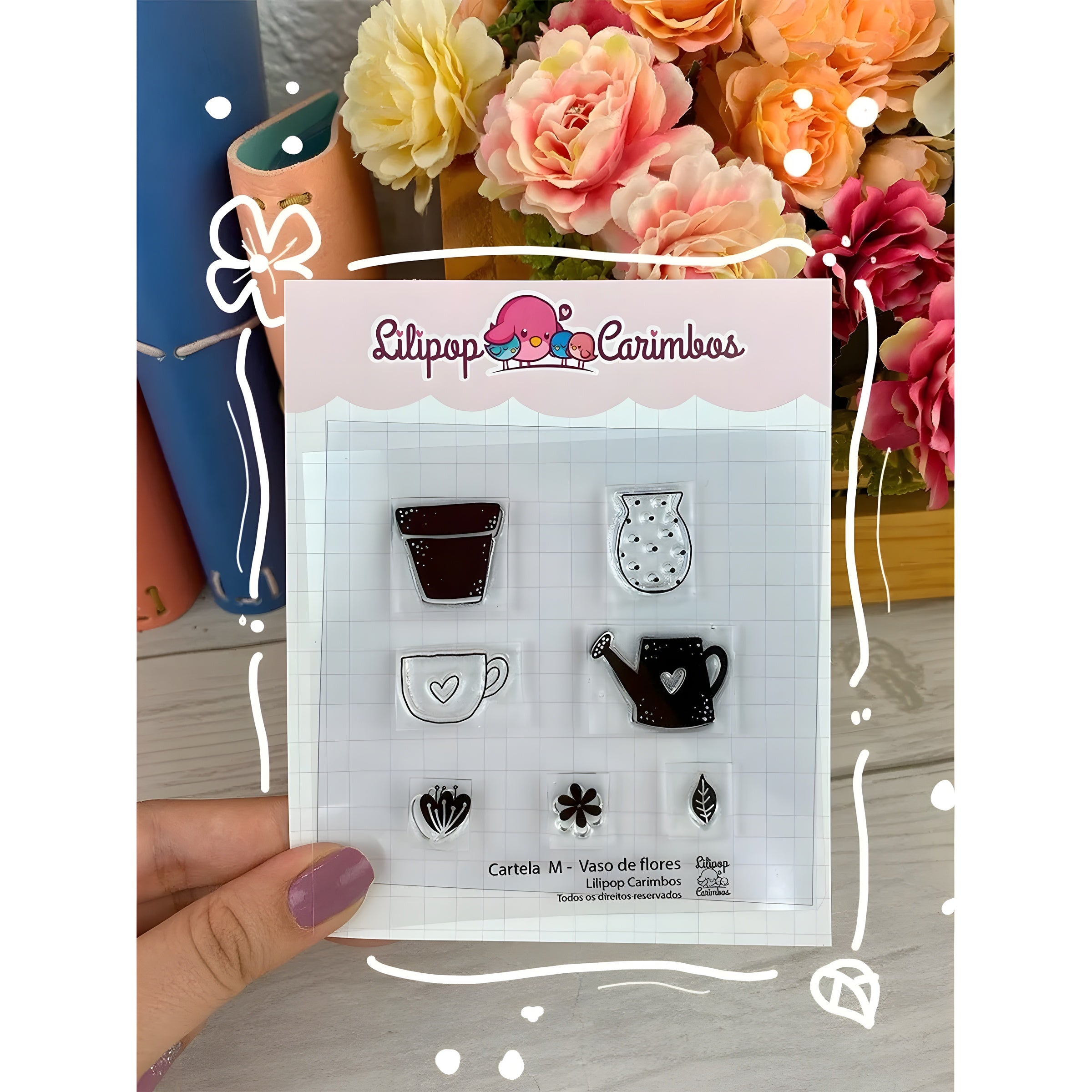 Kit Carimbos Decorativos M Vaso de Flores Scrapbook - Lilipop