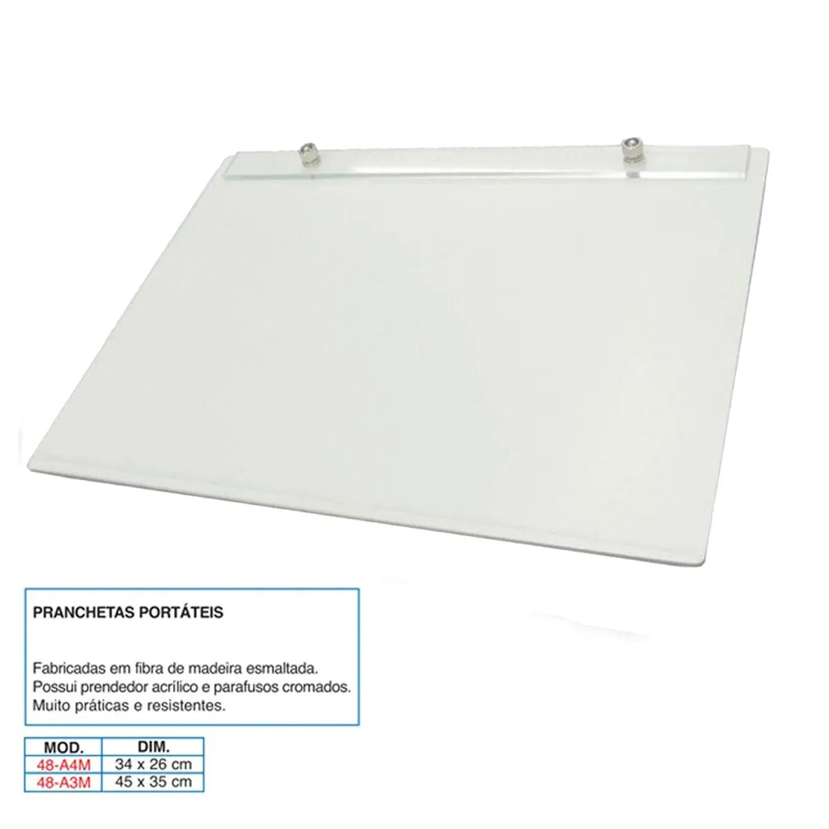 Prancheta Trident Portátil Fórmica Branca com Prendedor Acrílico A4 34x26 Cm - Modelo 48-a4f