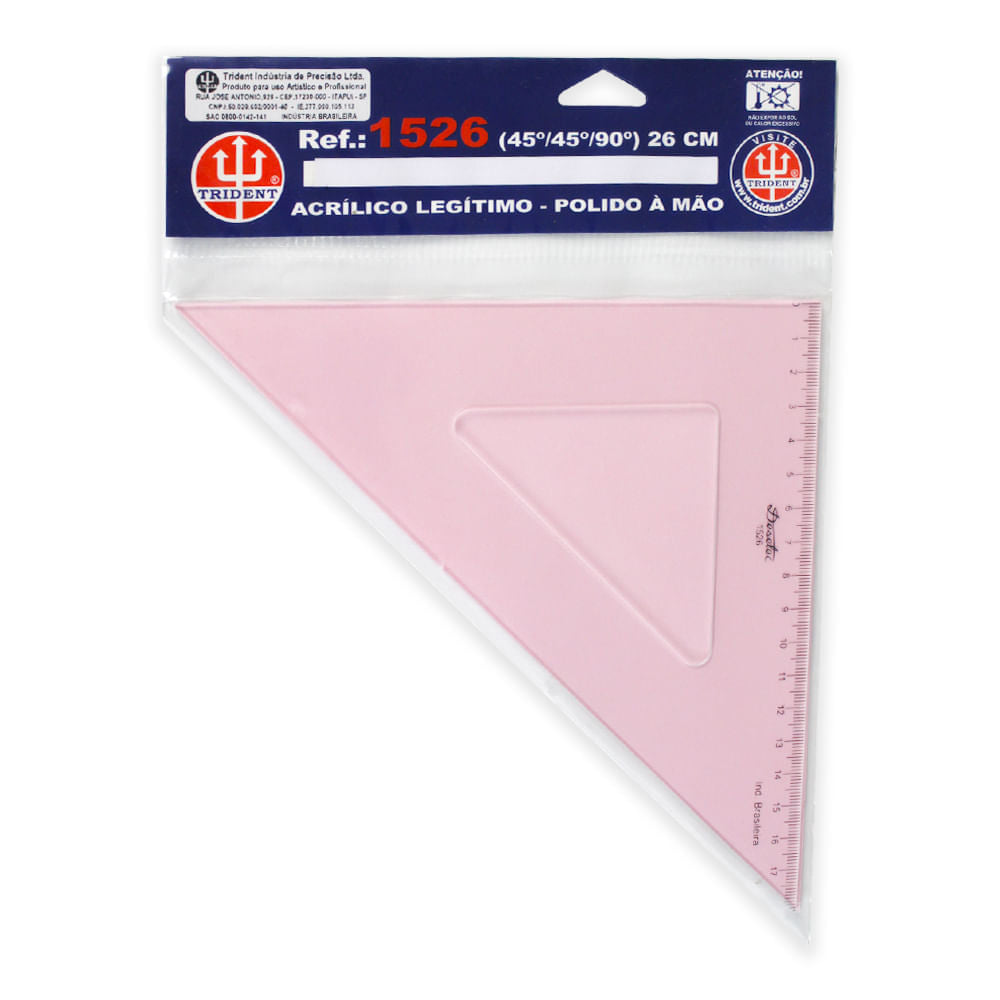 Esquadro Acrílico Trident 26cm com Escala - Ângulo 45° - Usinagem de Alta Precisão - Modelo 1526
