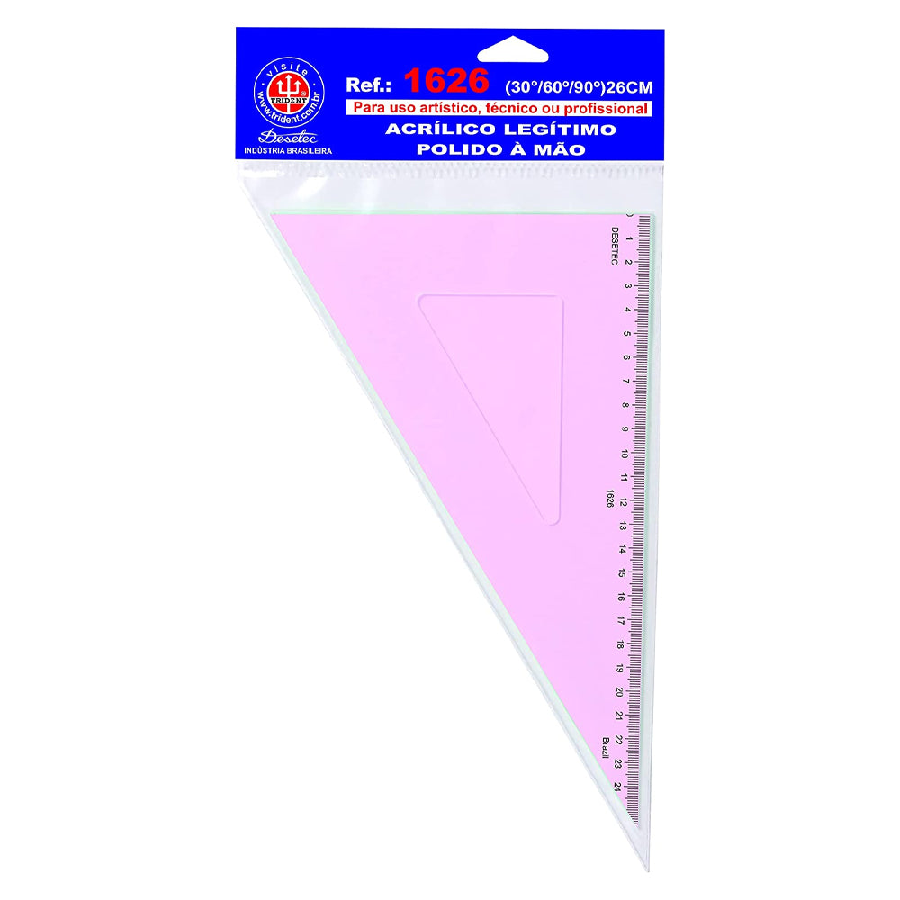 Esquadro Acrílico Trident 26cm com Escala em Milímetros - Ângulos 30° 60° 90° - Modelo 1626
