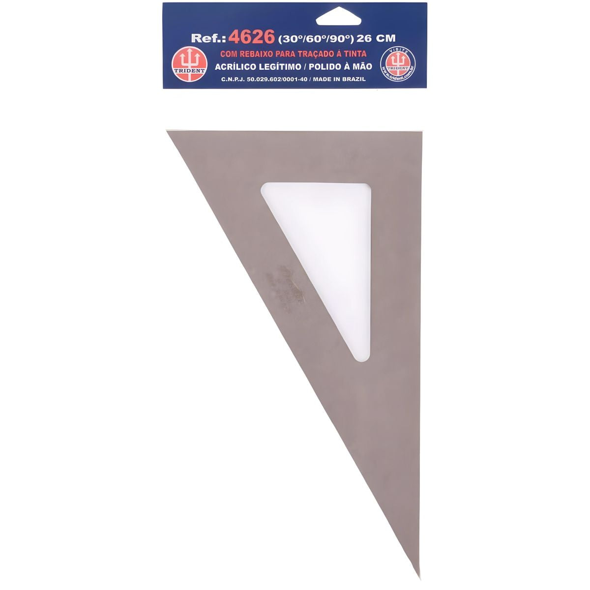 Esquadro Acrílico Trident 26cm sem Escalas - Ângulos 30° 60° 90° - Usinagem de Alta Precisão - Modelo 4626
