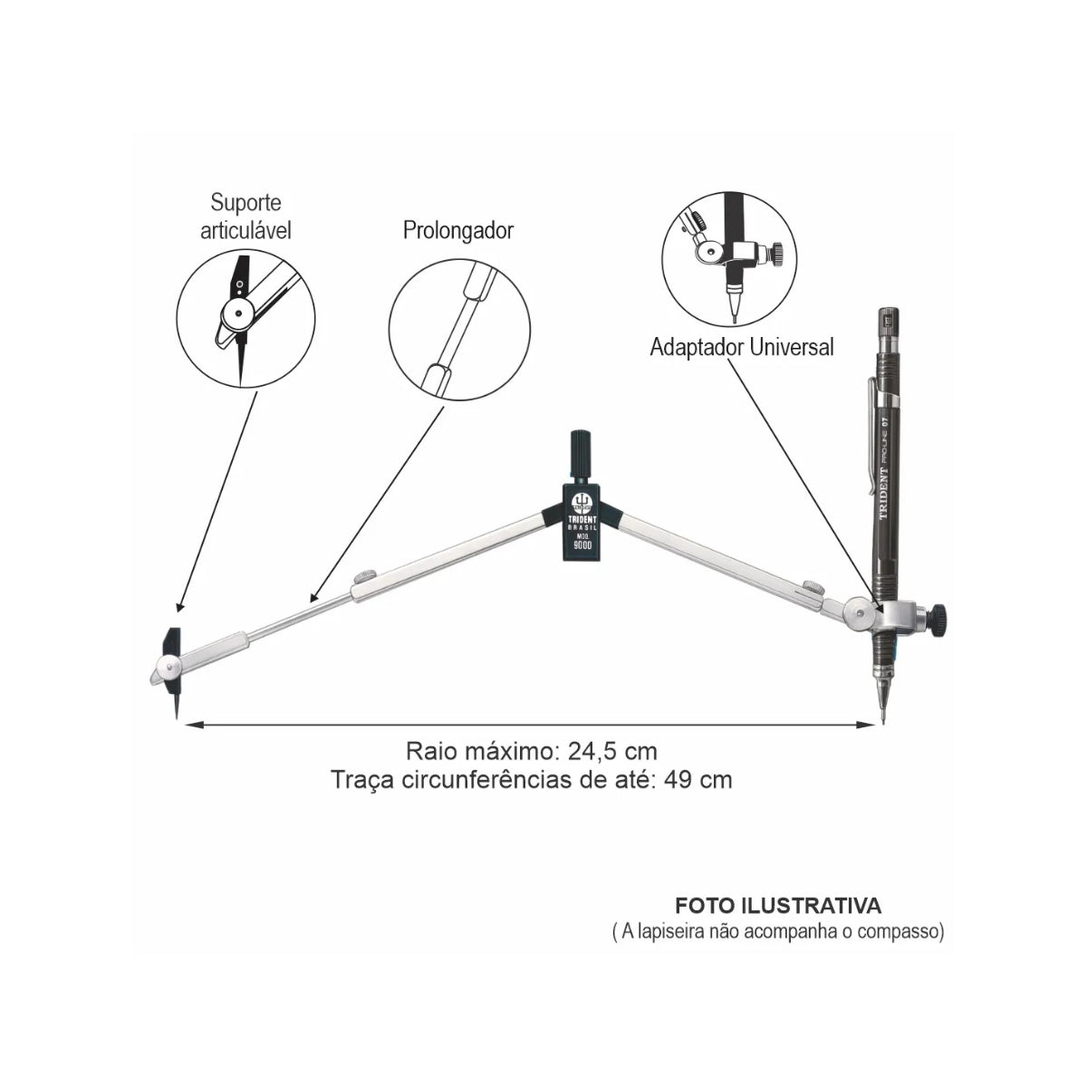 Compasso Técnico Trident com Haste Prolongadora 15,5x1,7x1,2cm - 9000
