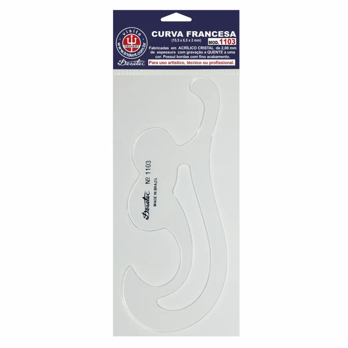 Curva Francesa Acrílico 15,5x6,5 Cm Trident Modelo 1103 - Gabarito de Curvas para Desenho Técnico