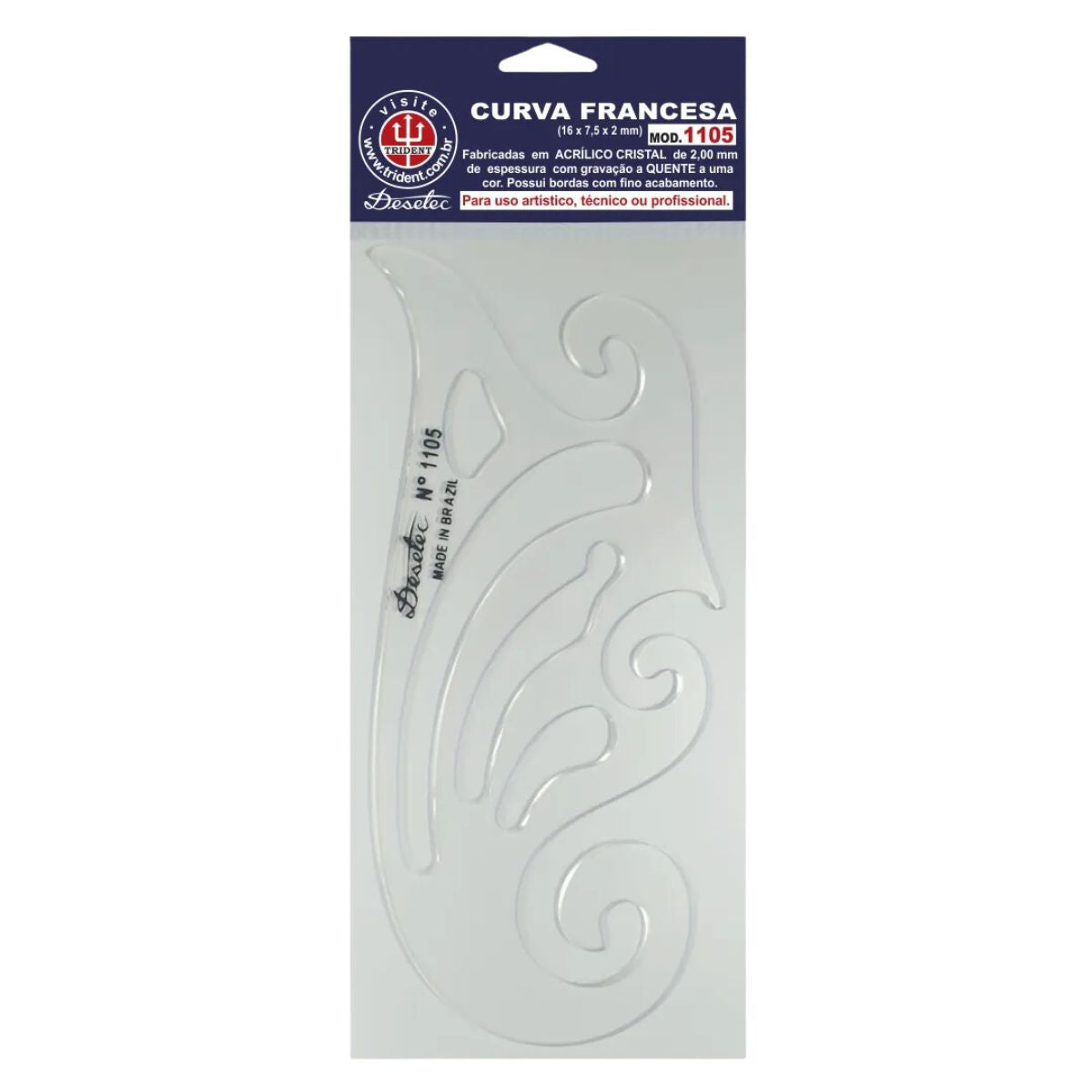 Curva Francesa Acrílico 16x7,5 Cm Trident Modelo 1105 - Gabarito de Curvas para Desenho Técnico