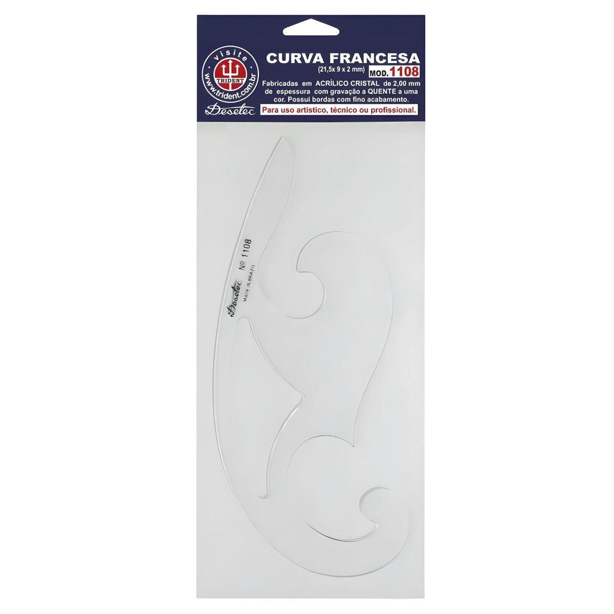 Curva Francesa Acrílico 21,5x9 Cm Trident Modelo 1108 - Gabarito de Curvas para Desenho Técnico