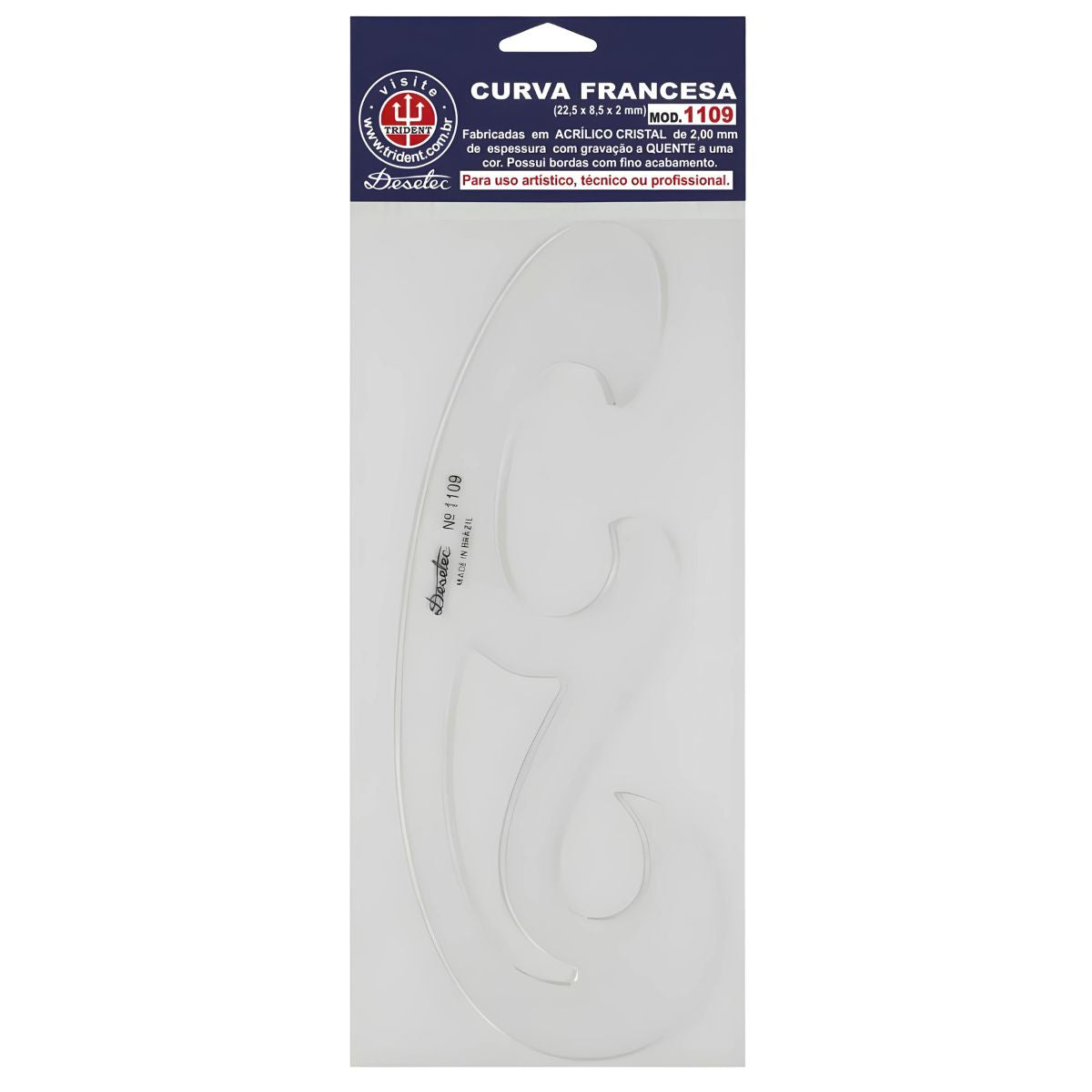 Curva Francesa Acrílico 22,5x8,5 Cm Trident Modelo 1109 - Gabarito de Curvas para Desenho Técnico