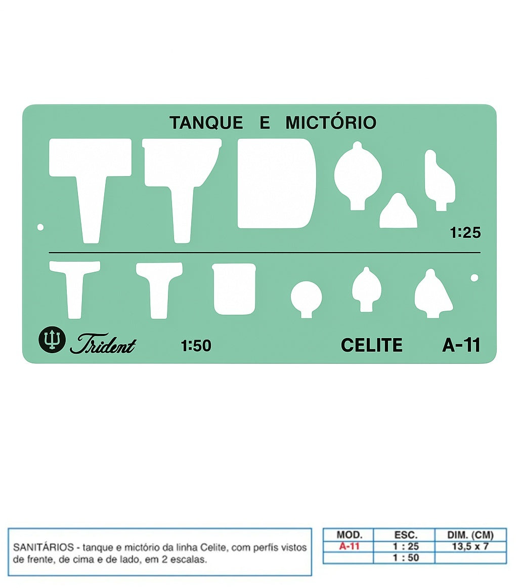 Gabarito Trident Arquitetura de Sanitários 13,5 X 7 Cm - Modelo A-11 com Tanques e Mictórios em Duas Escalas