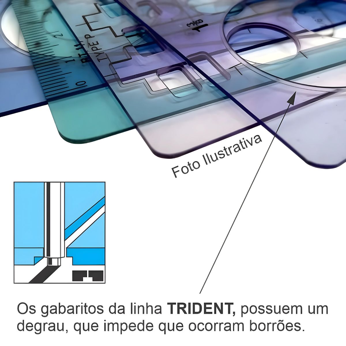 Curva Francesa Acrílico Azul Trident Jogo com 3 Peças - Modelos Burmester D-14 para Desenho Técnico
