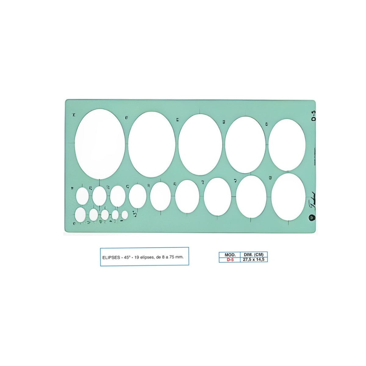 Gabarito Trident Elipses 27,5 X 14,5 Cm - Modelo D-5 com 19 Elipses de 8 a 75 Mm (45°)
