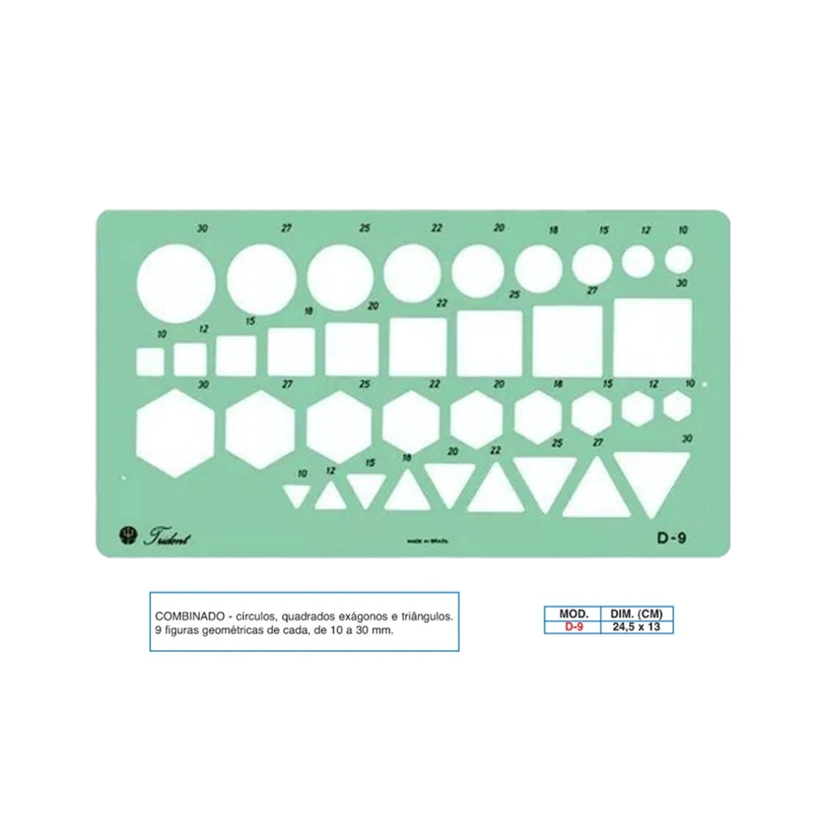 Gabarito Trident Combinado 17,5 X 18,5 Cm - Modelo D-9 com 31 Secções de Círculos de 10 a 90 Mm
