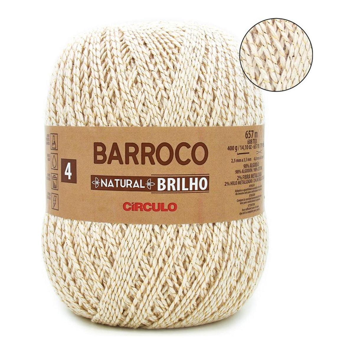 Barbante Barroco Natural Brilho Ouro 4/4 Algodão com Fibra Metalizada para Crochê Tricô e Artesanato 400g 657m Tex 608 - Círculo