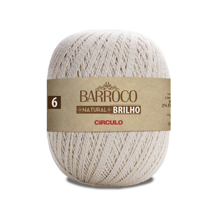 Fio Barroco Natural Brilho 4/6 Algodão com Fibra Metálica Crochê Tricô Natural Brilho Prata 400g 433m Tex 922 - Círculo