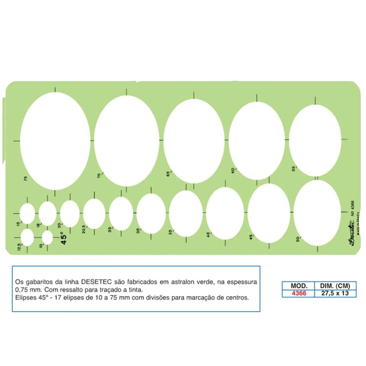 Gabarito Trident Desetec Elípses 27,5 X 13 Cm - Modelo 4366 com 17 Elípses de 45° e Ressalto para Tinta

