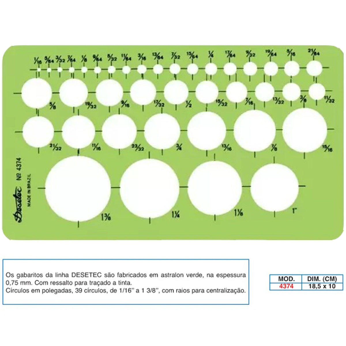 Gabarito Trident Desetec Círculos em Polegadas 18,5 X 10 Cm - Modelo 4374 com 39 Tamanhos e Ressalto para Tinta
