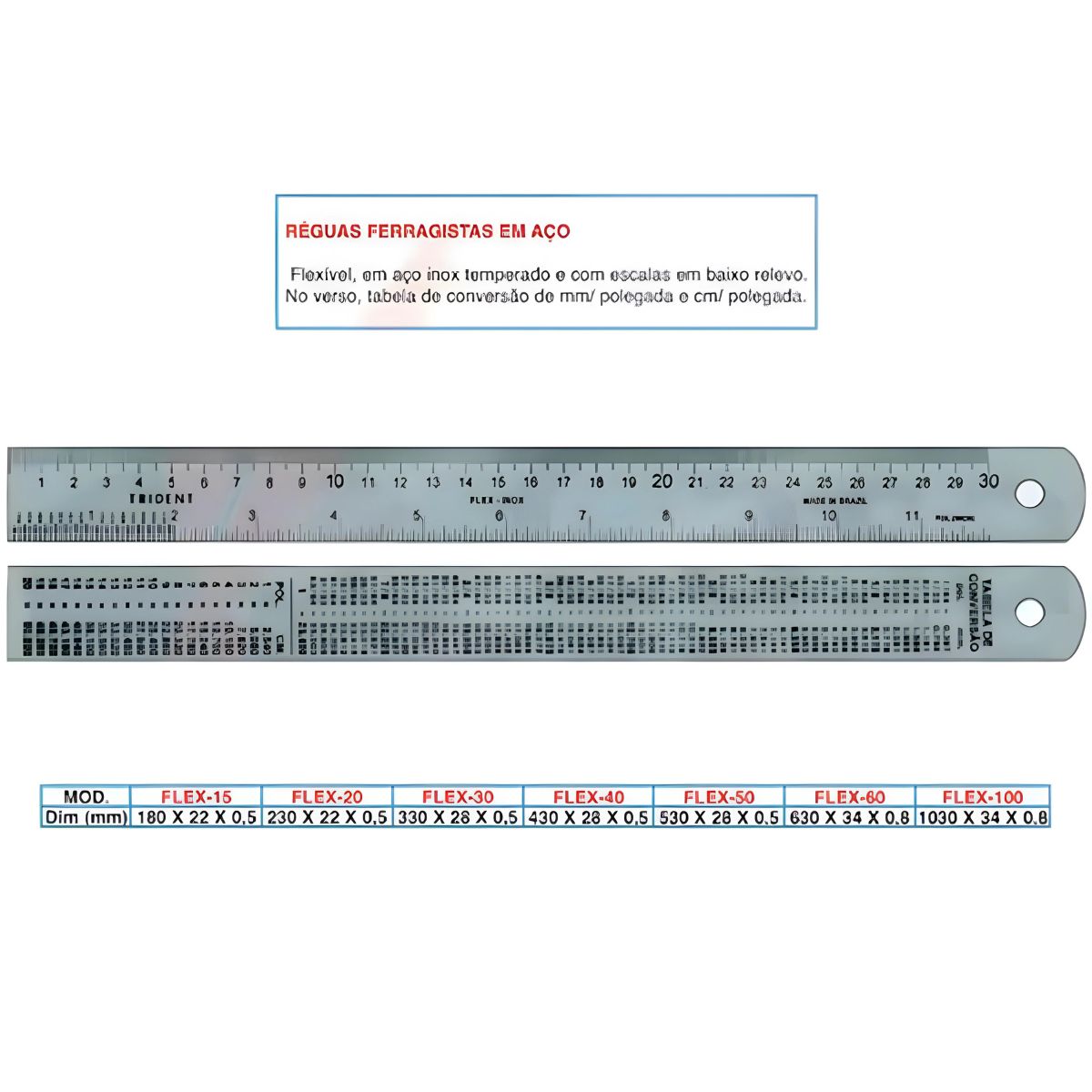 Régua Ferragista em Aço Inox Trident 60cm - Modelo Flex-60
