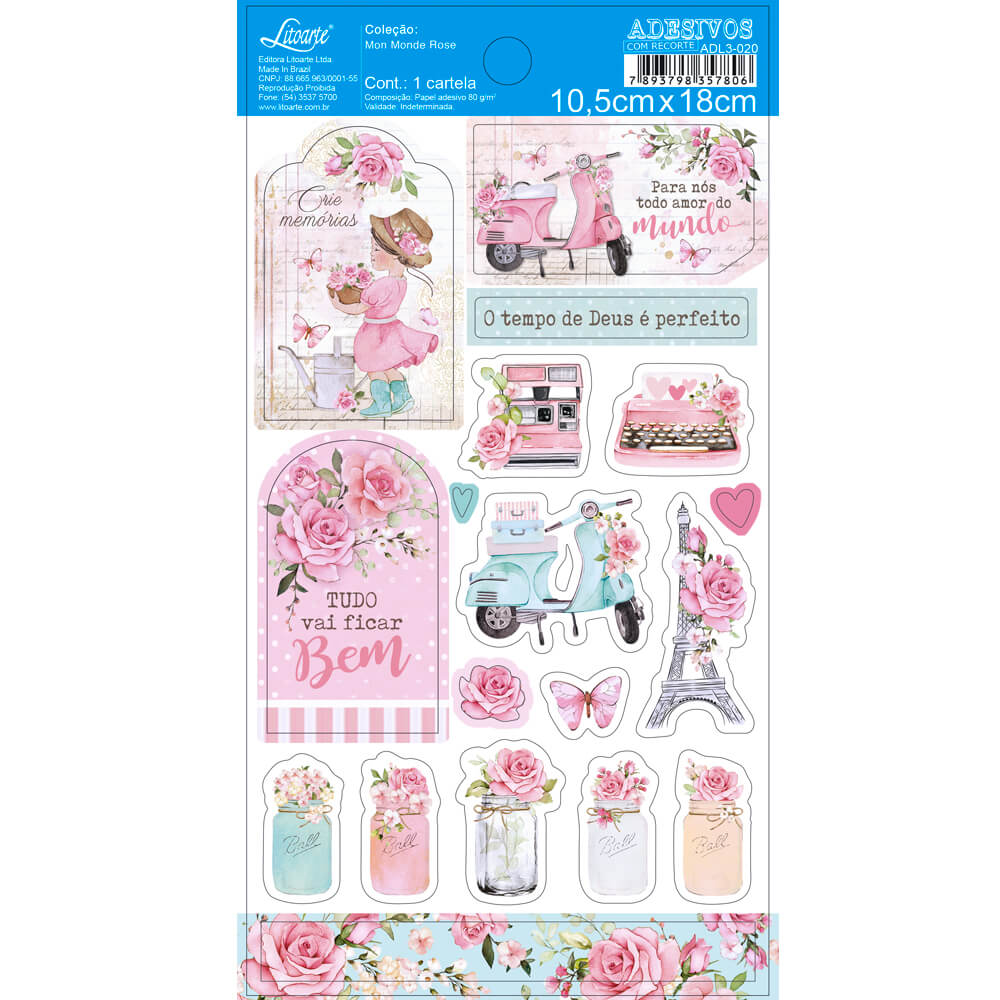 Adesivo com Recorte Coleção Mon Monde Rose 10,5x18cm para Artesanato e Scrapbook Adl3-020 - Litoarte