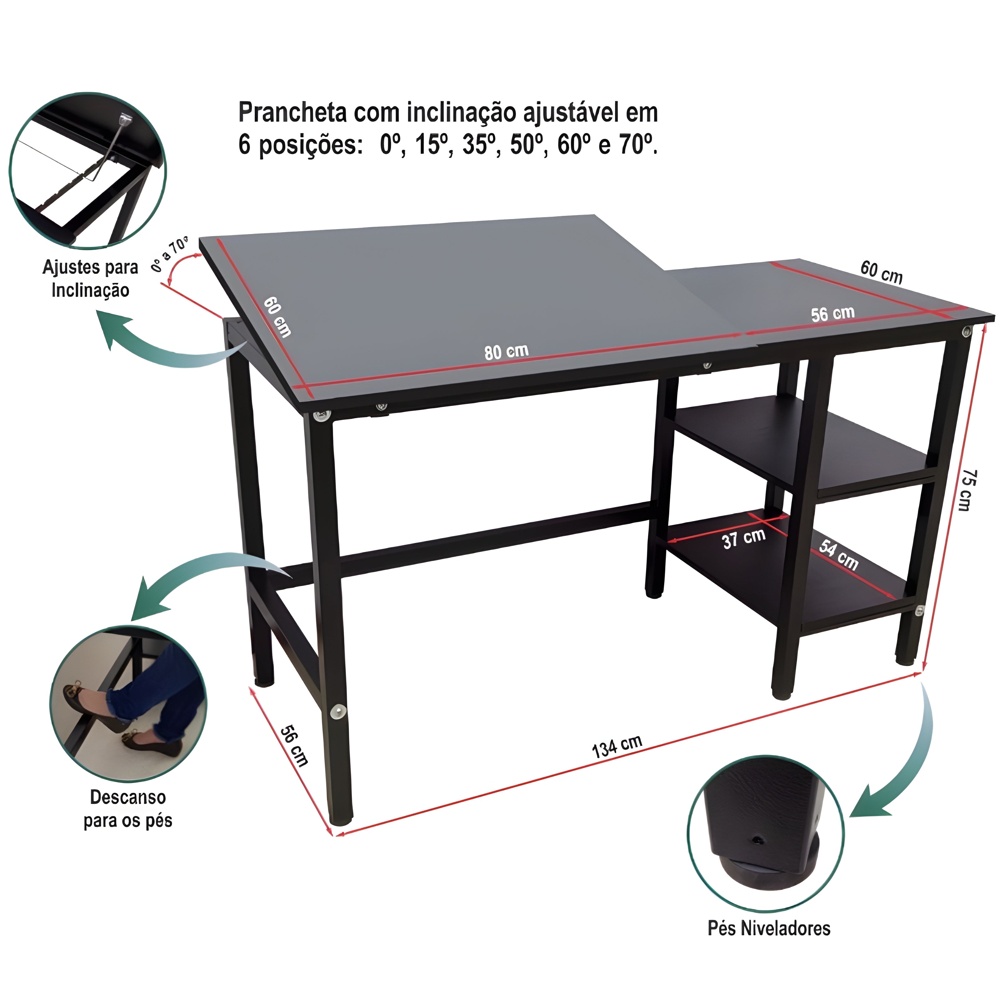 Escrivaninha Trident Multifuncional com Tampo Liso Inclinável e Estante - Acabamento Preto (Black)