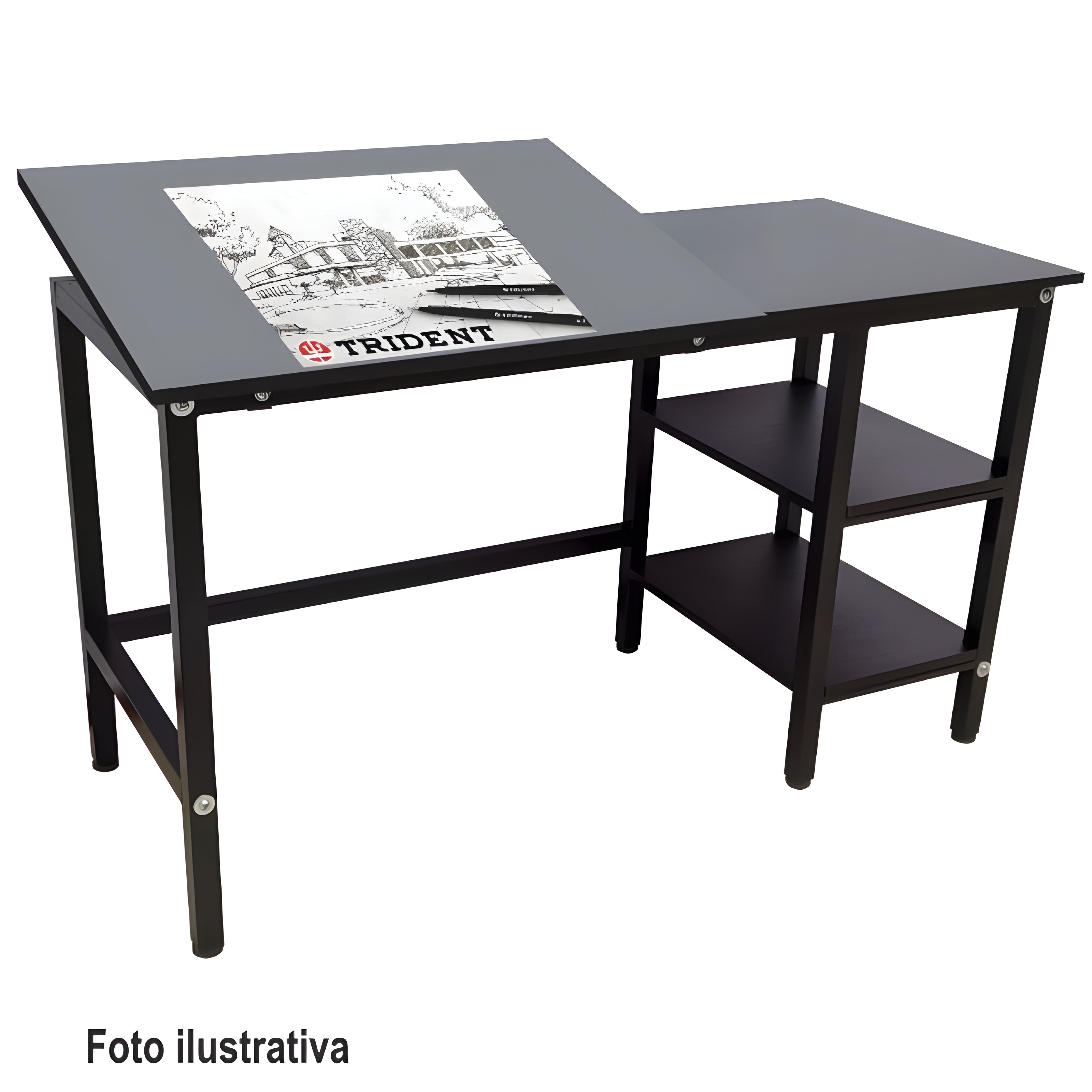 Escrivaninha Trident Multifuncional com Tampo Liso Inclinável e Estante - Acabamento Preto (Black)
