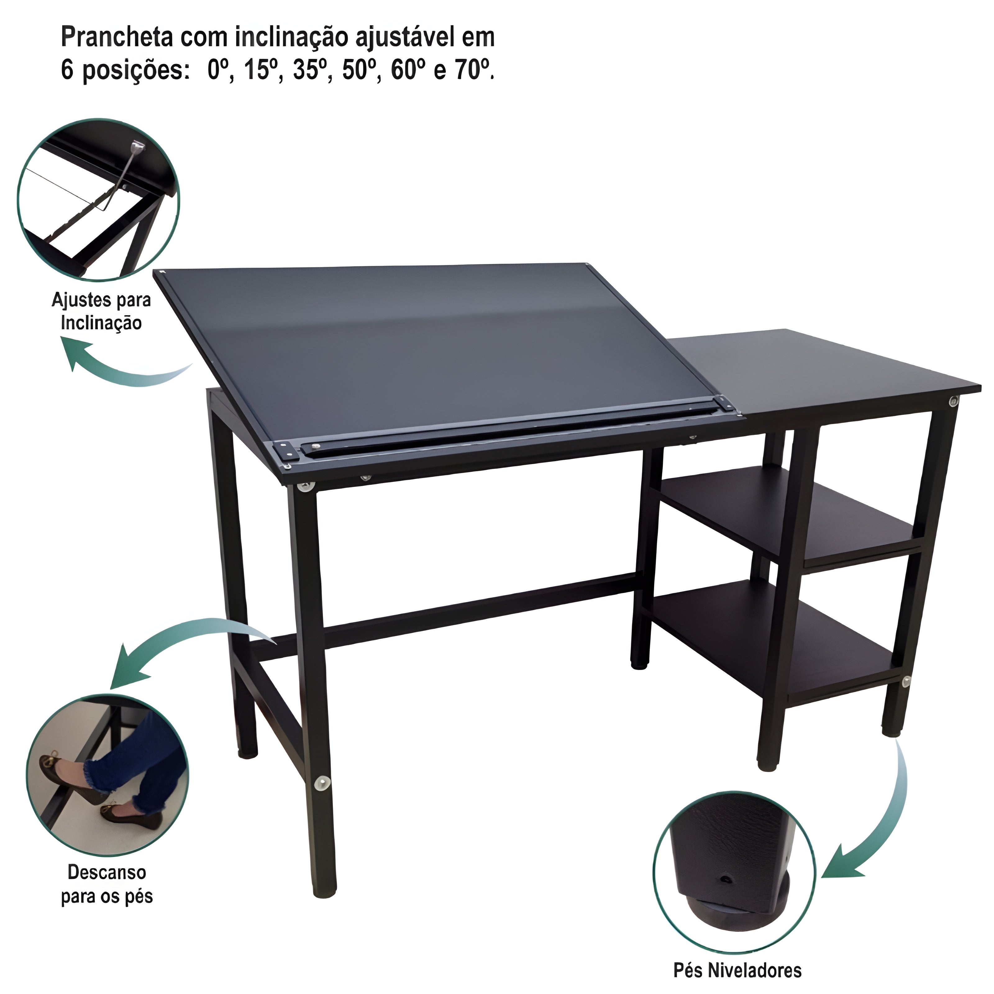 Escrivaninha Trident Multifuncional com Tampo Inclinável e Régua Paralela 80cm - Acabamento Preto