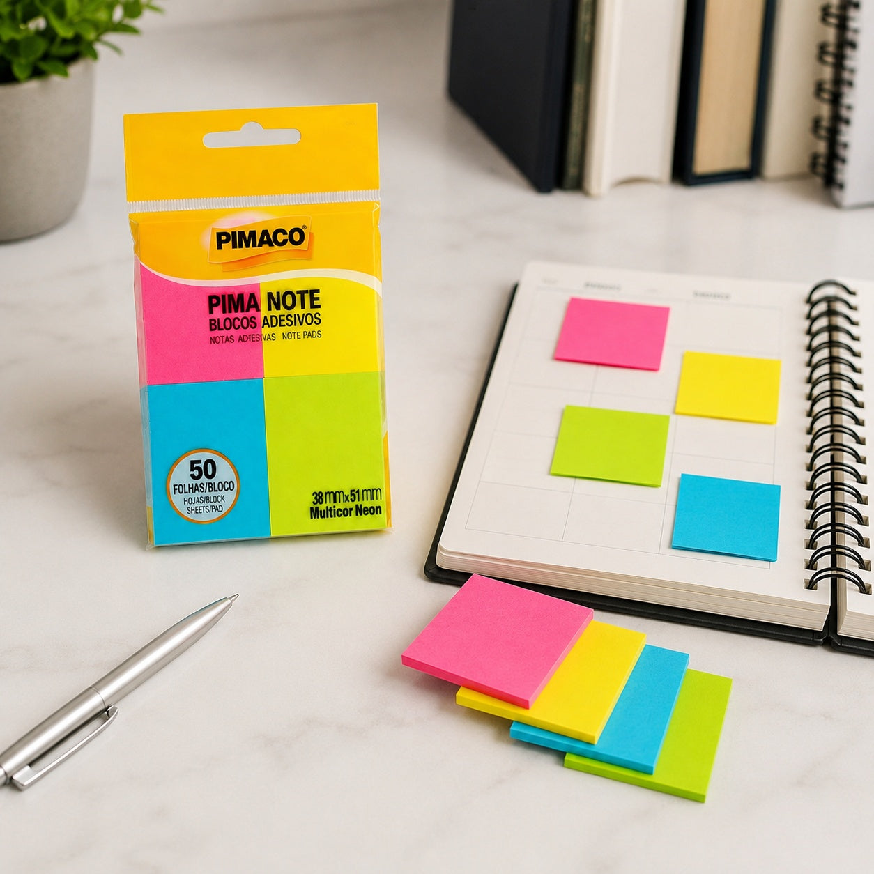 Bloco Adesivo Pima Note Multicolor Neon 38x51mm com 50 Folhas para Recados e Lembretes - Pimaco